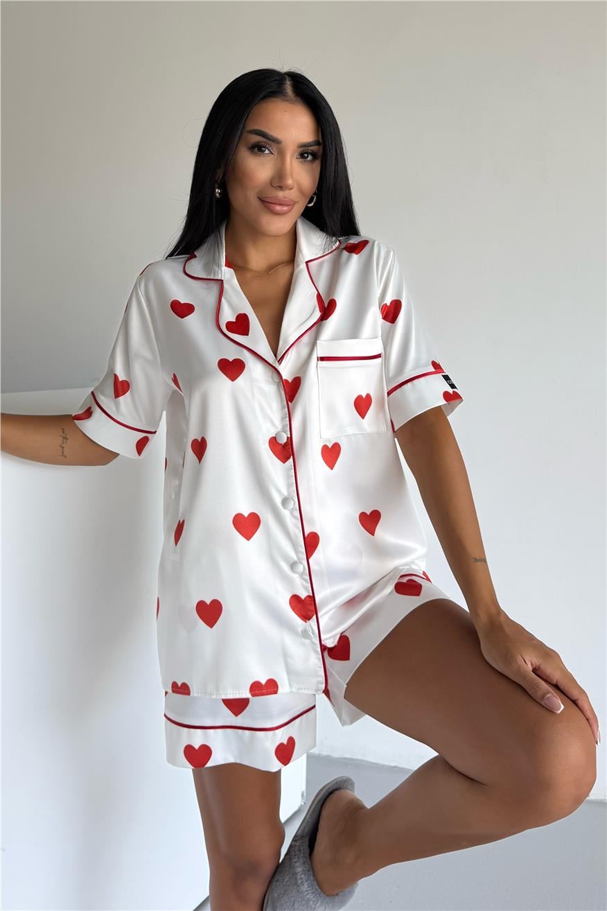 Cuori in Bianco Saten Kısa Pijama Takımı