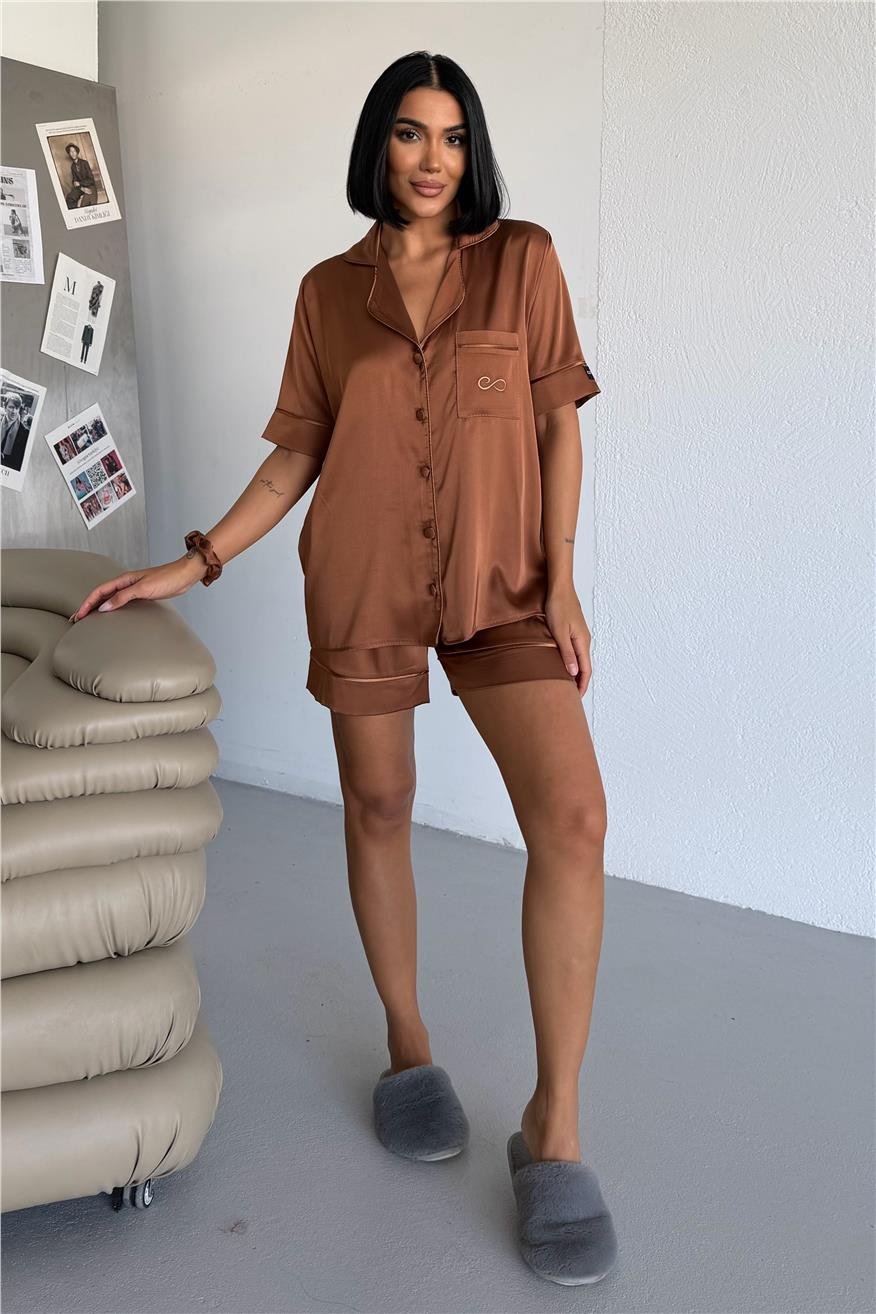 Essenza Notte Kahverengi Saten Kısa Pijama Takımı