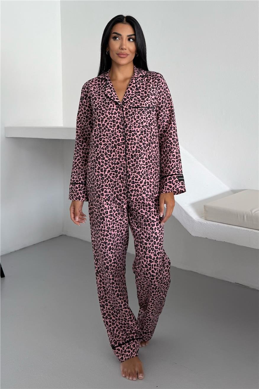 Leopar Selvaggio Pudra Pembesi Uzun Pijama Takımı