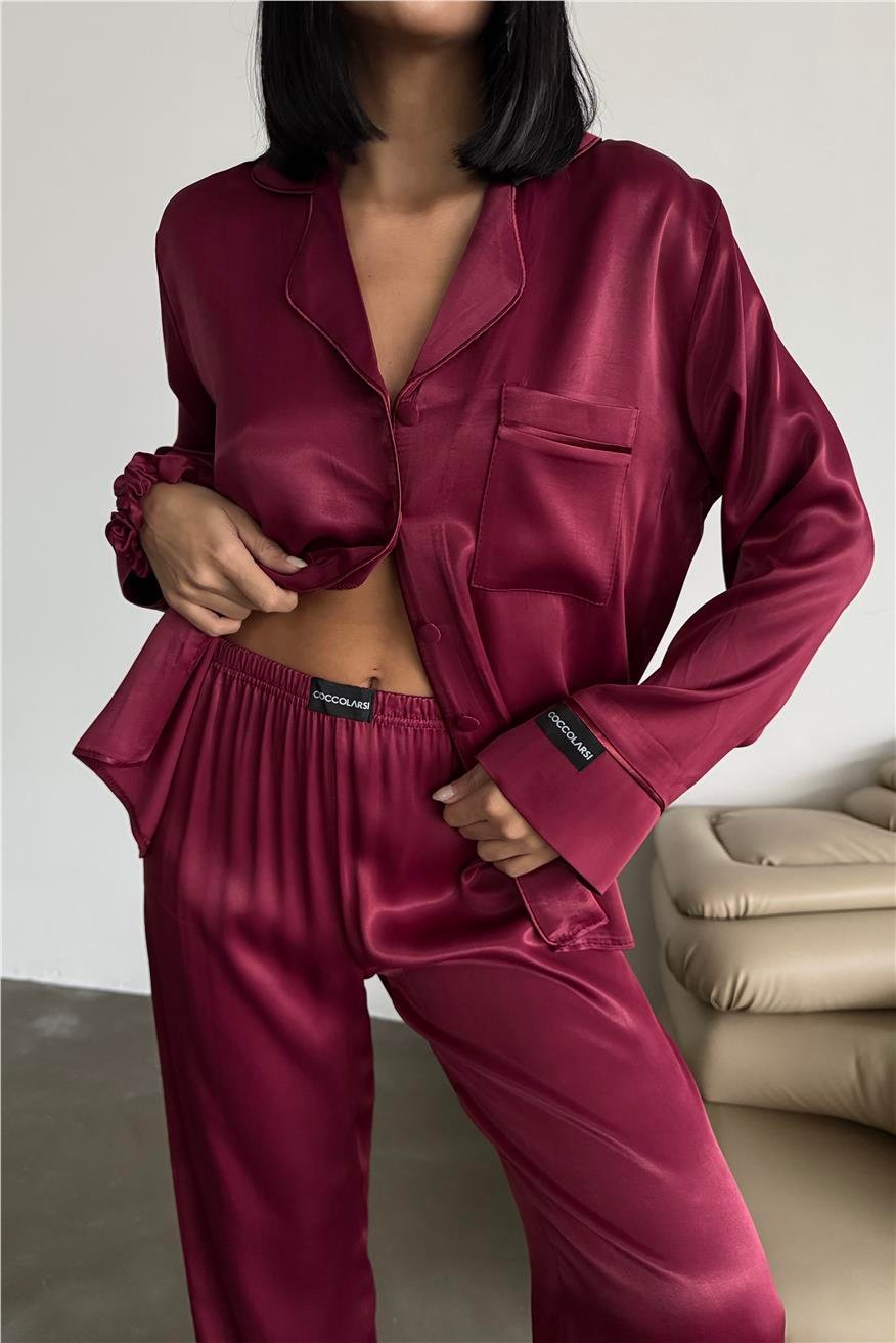 Sentimenti Perfetti Bordo Floş Saten Uzun Pijama Takımı