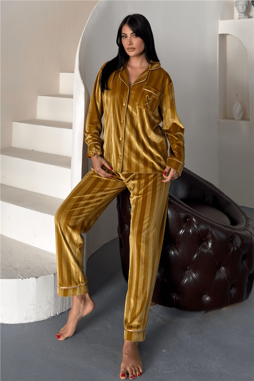 Tocco Scintillante Hardal Kadife Uzun Pijama Takımı