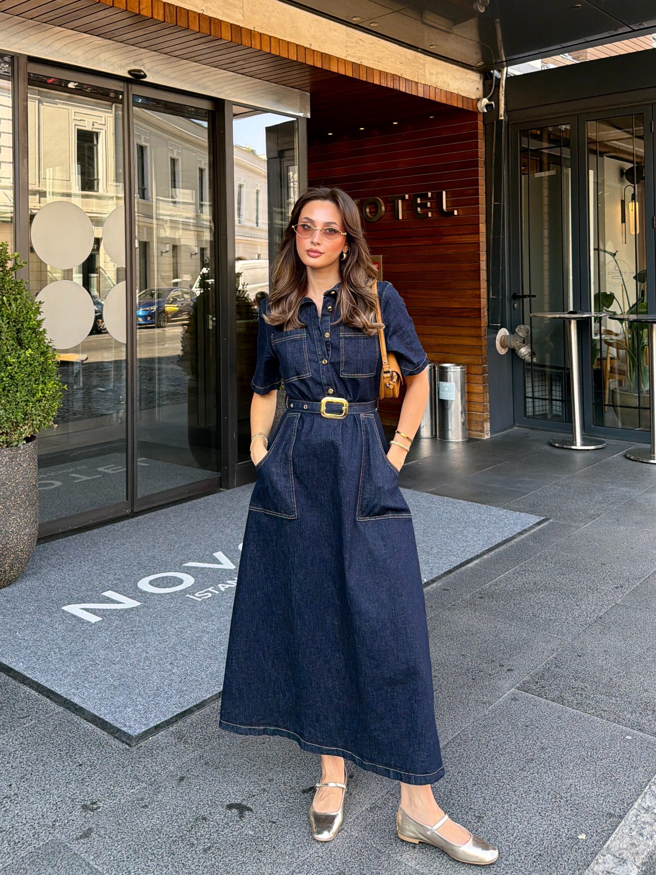 Cepli Yarım Kol Denim Elbise
