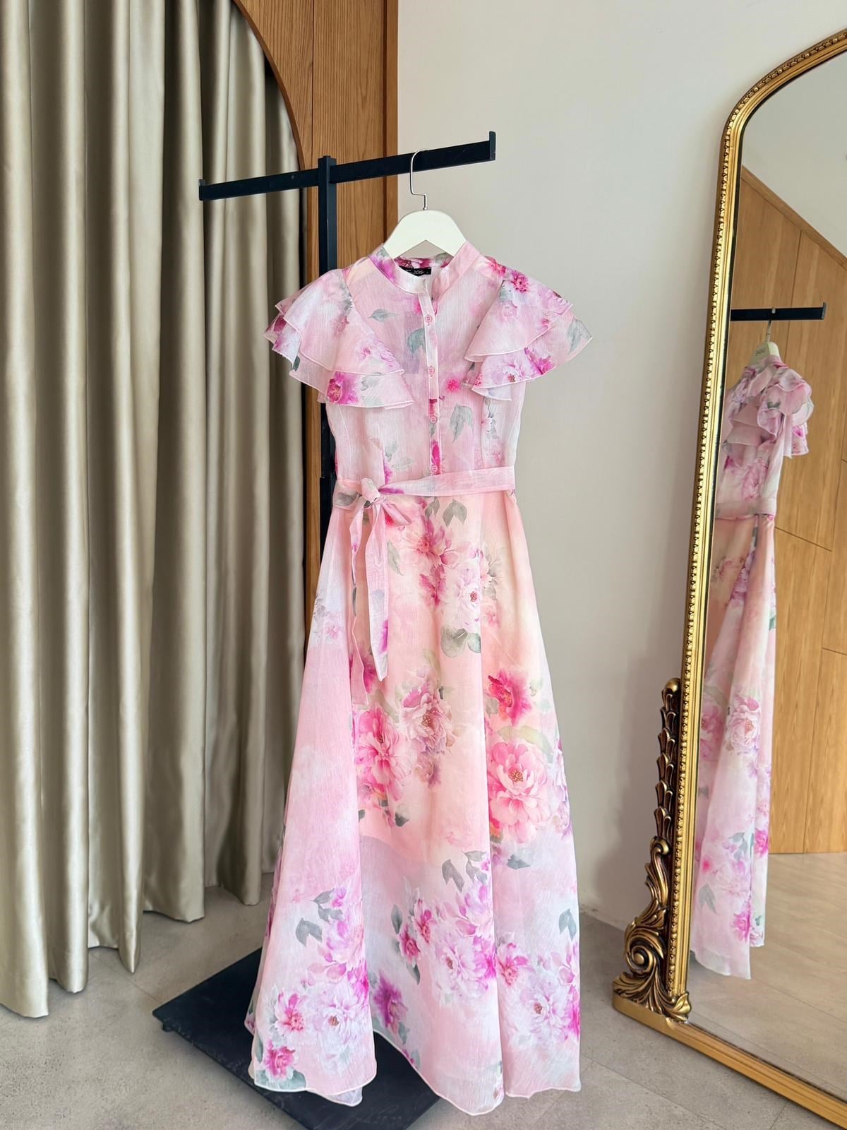 Desenli Fırfırlı Elbise Pembe 