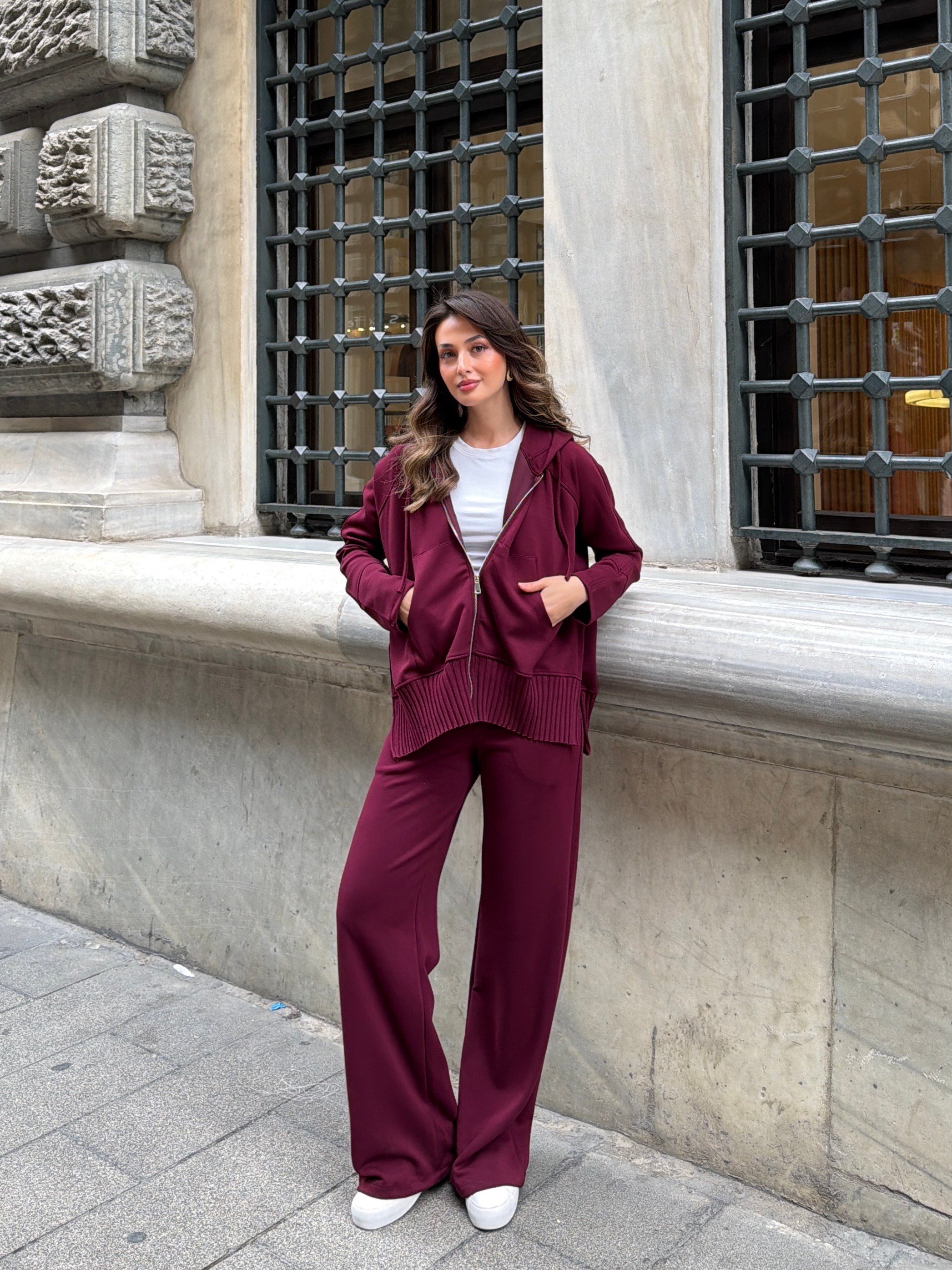 Fermuarlı Sweatshirt Eşofman Takım Bordo