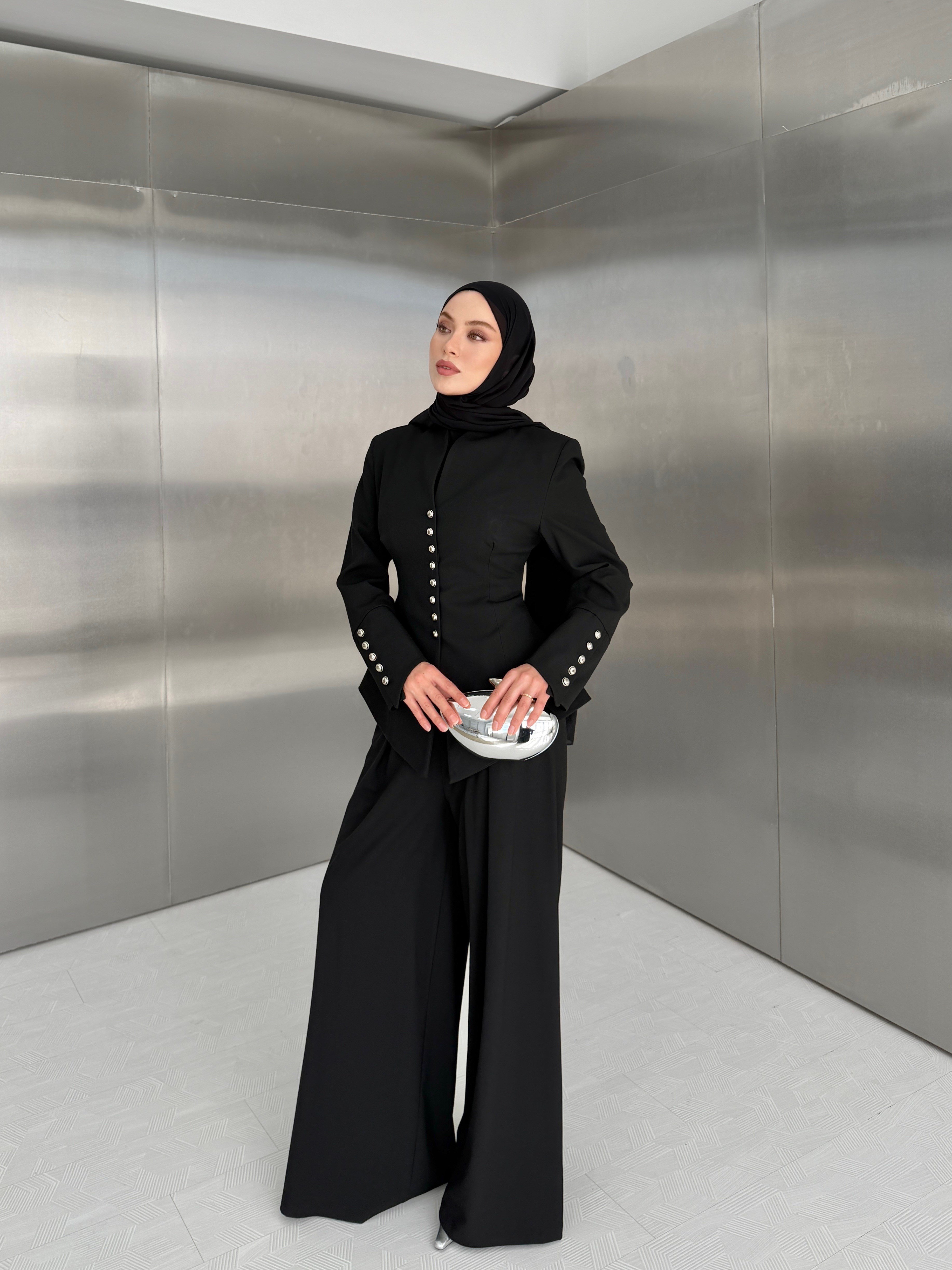 Gümüş Düğme Detaylı Ceket Pantolon Siyah Takım 