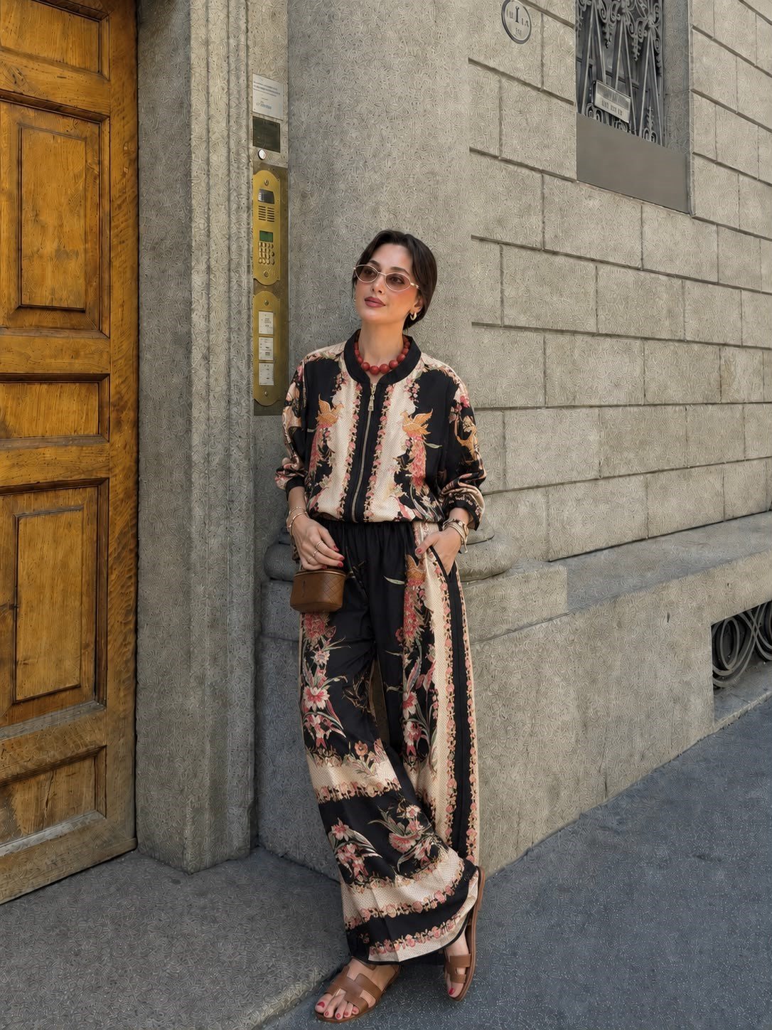 İthal Desenli Pantalonlu Takım Siyah