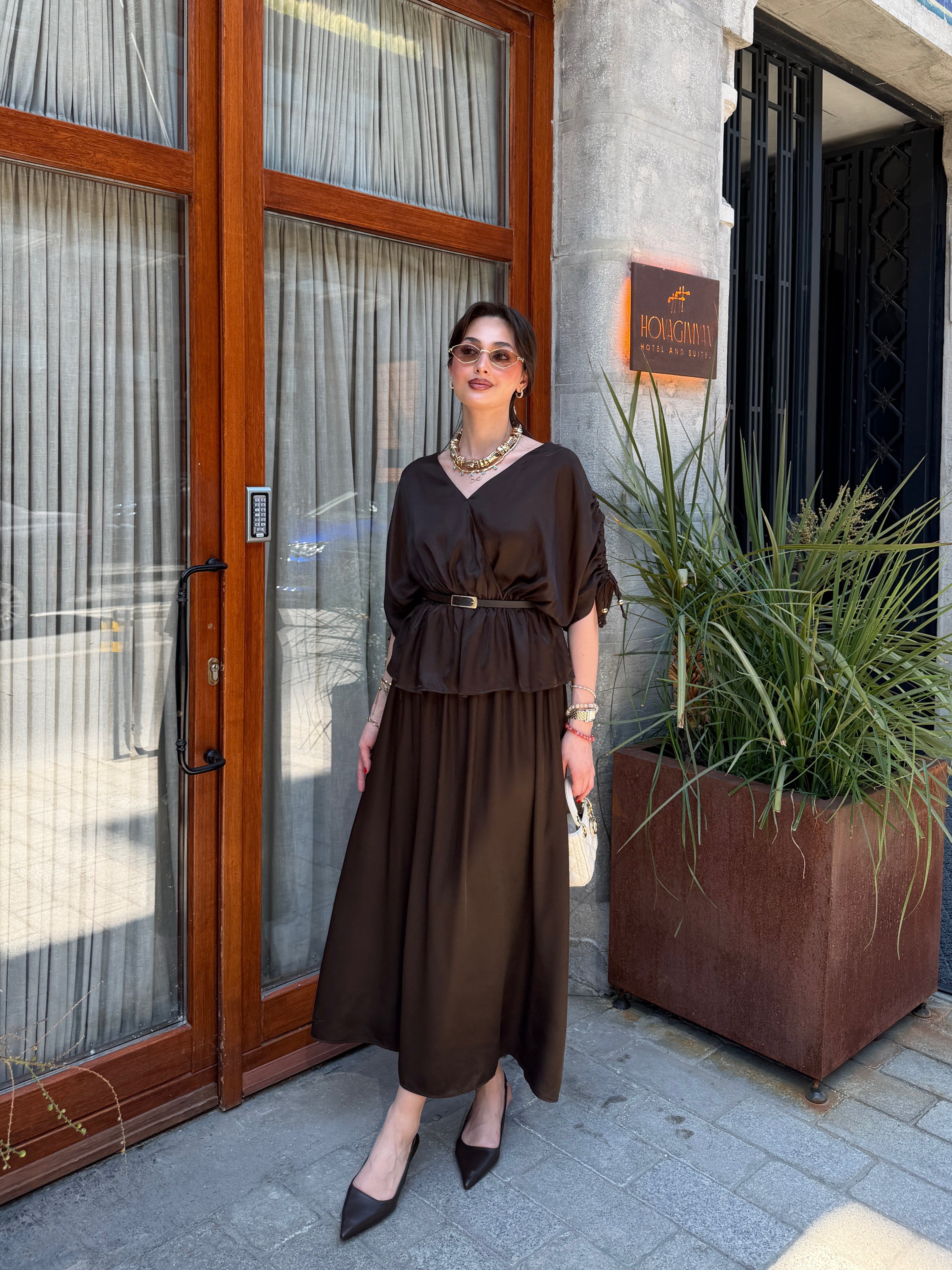 Kruvaze Yaka Etekli Saten Kahve Takım
