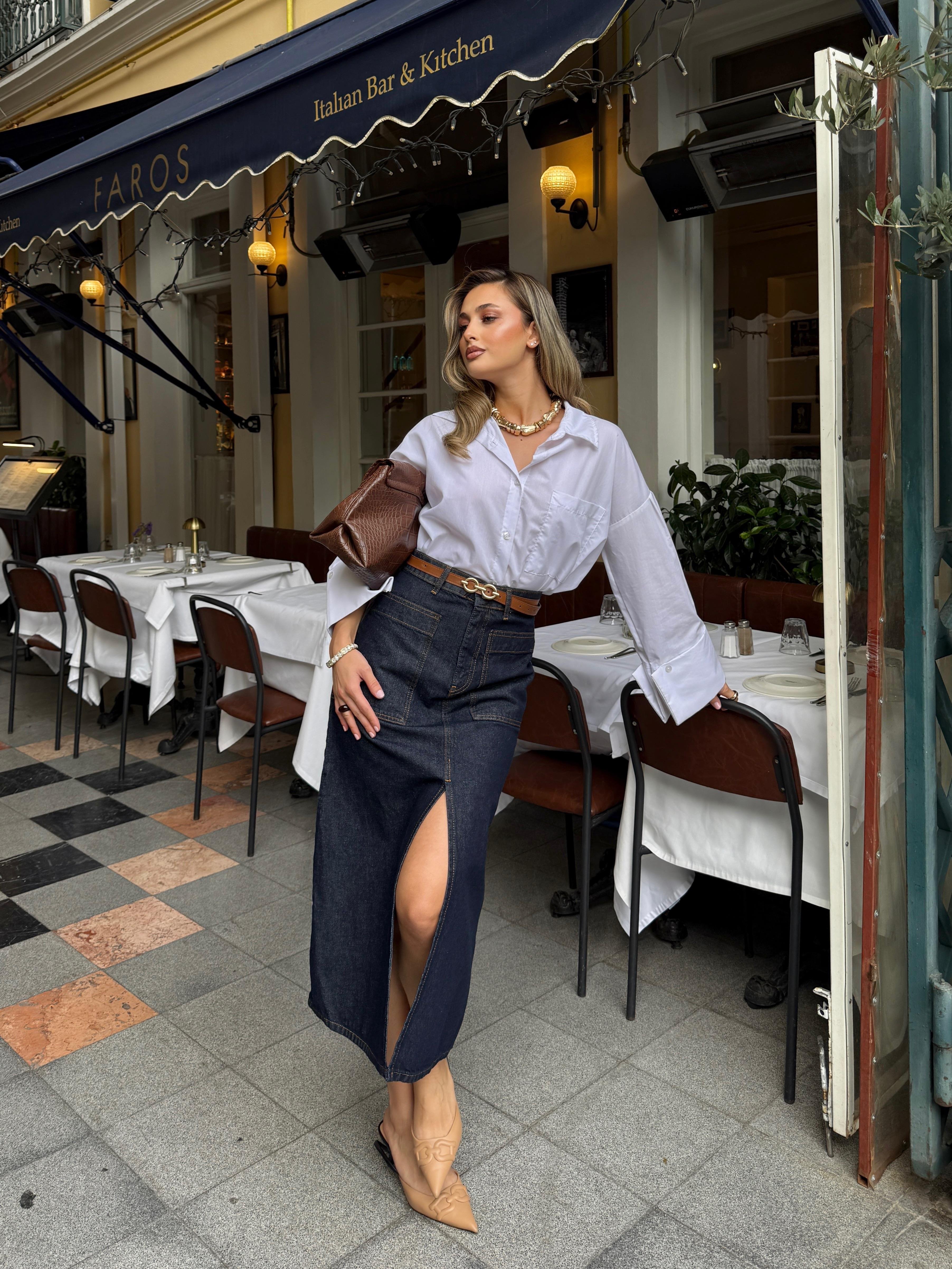 Yırtmaçlı Denim Etek 