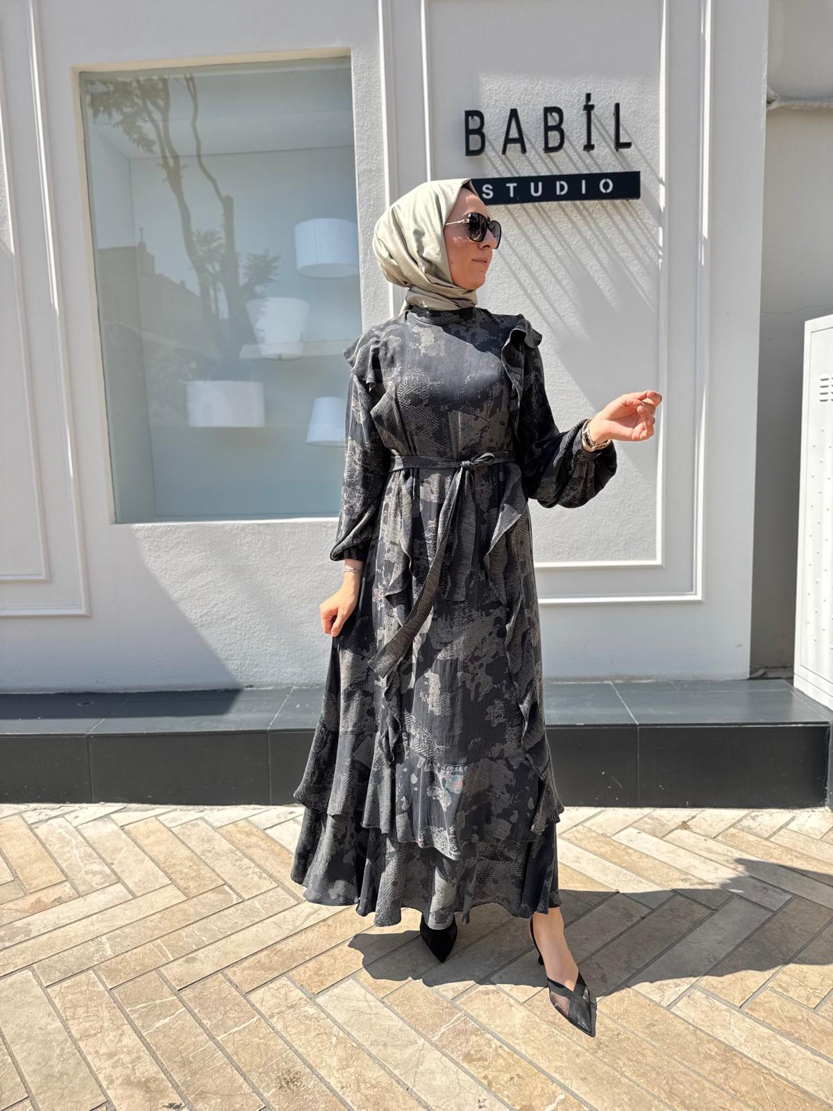 303858 Fırfırlı Desenli Kadın Elbise Antrasit