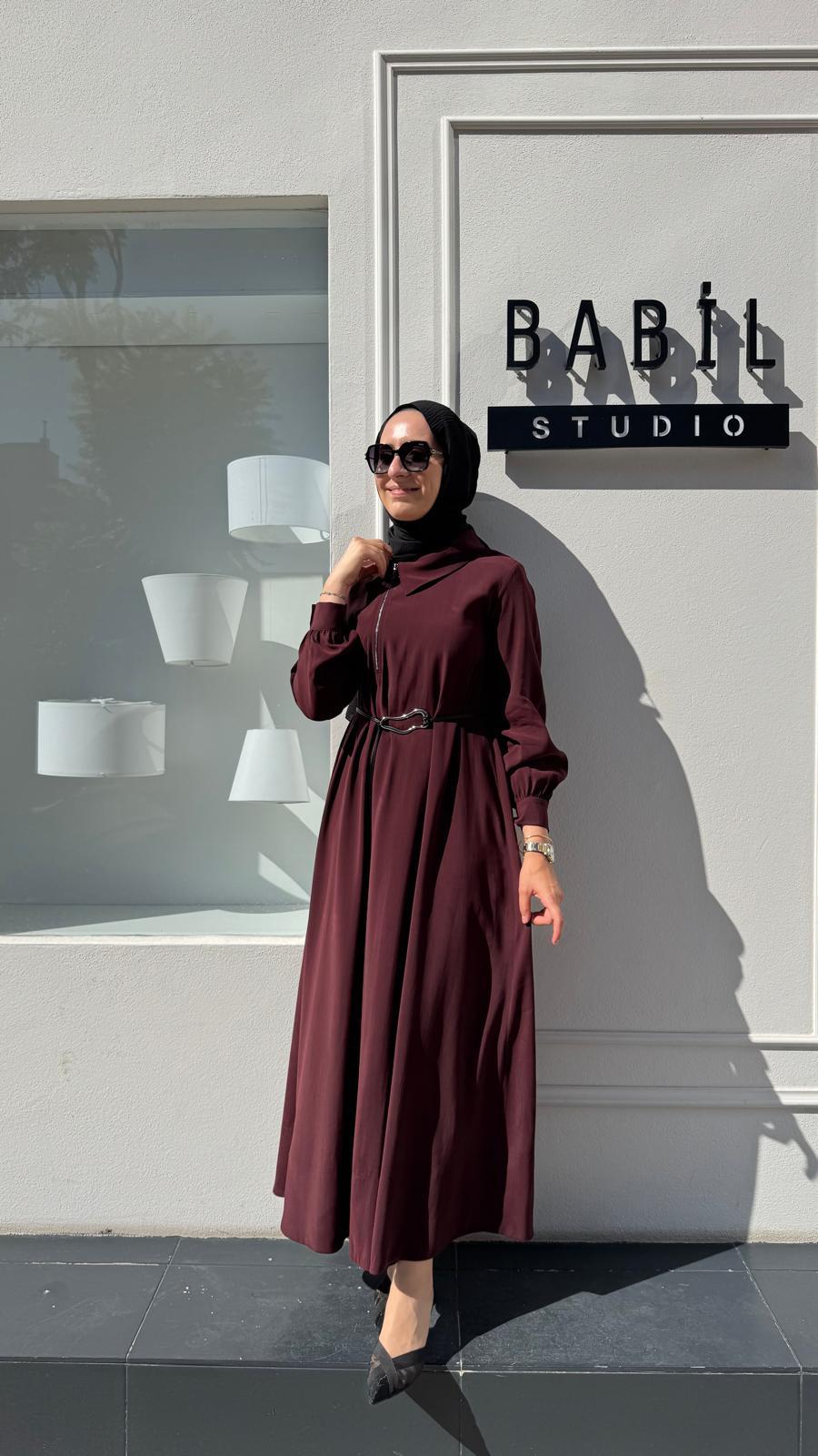 303882 Fermuar Detaylı Kemerli Kadın Kap Bordo