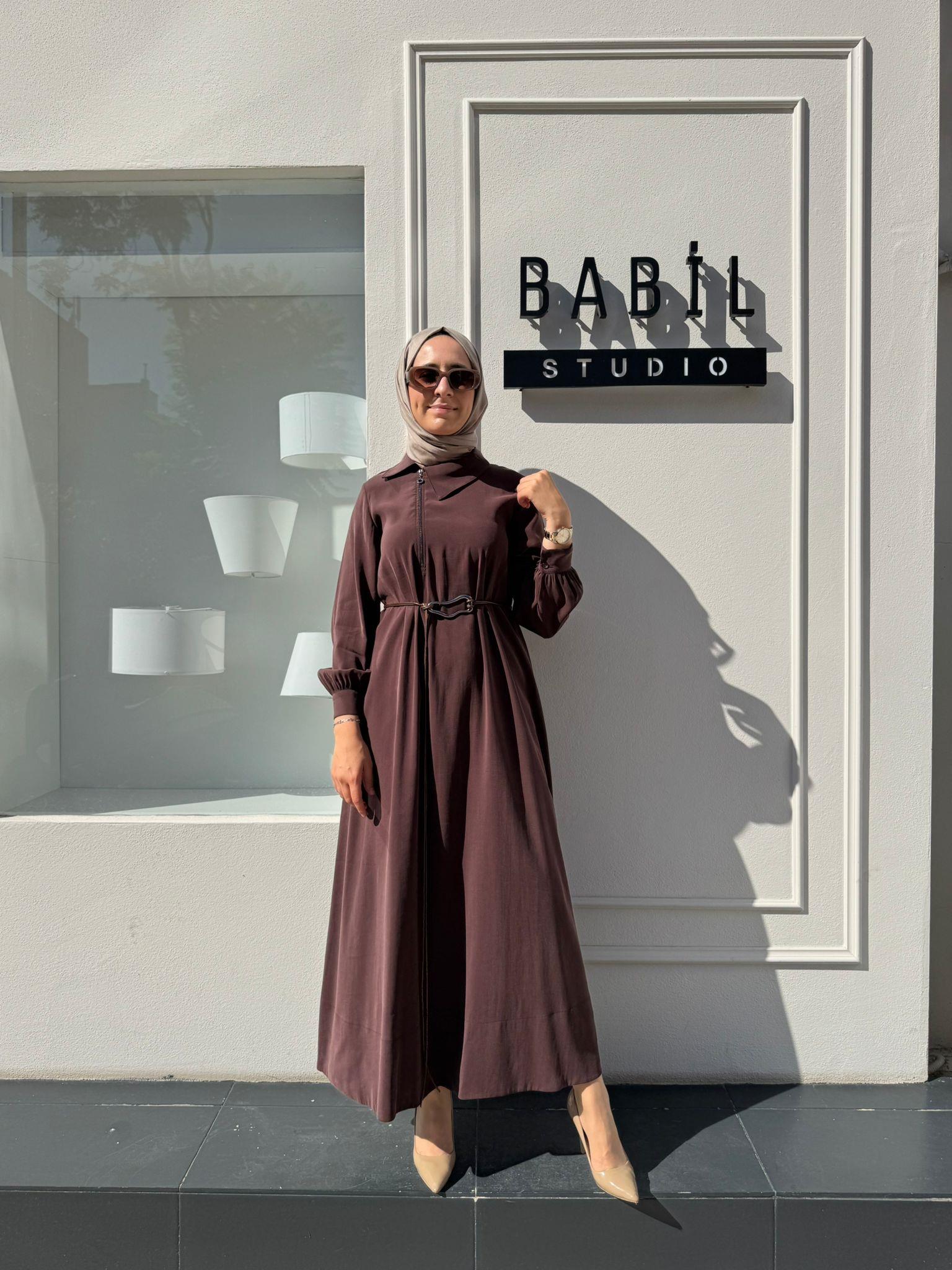 303882 Fermuar Detaylı Kemerli Kadın Kap Acı Kahve