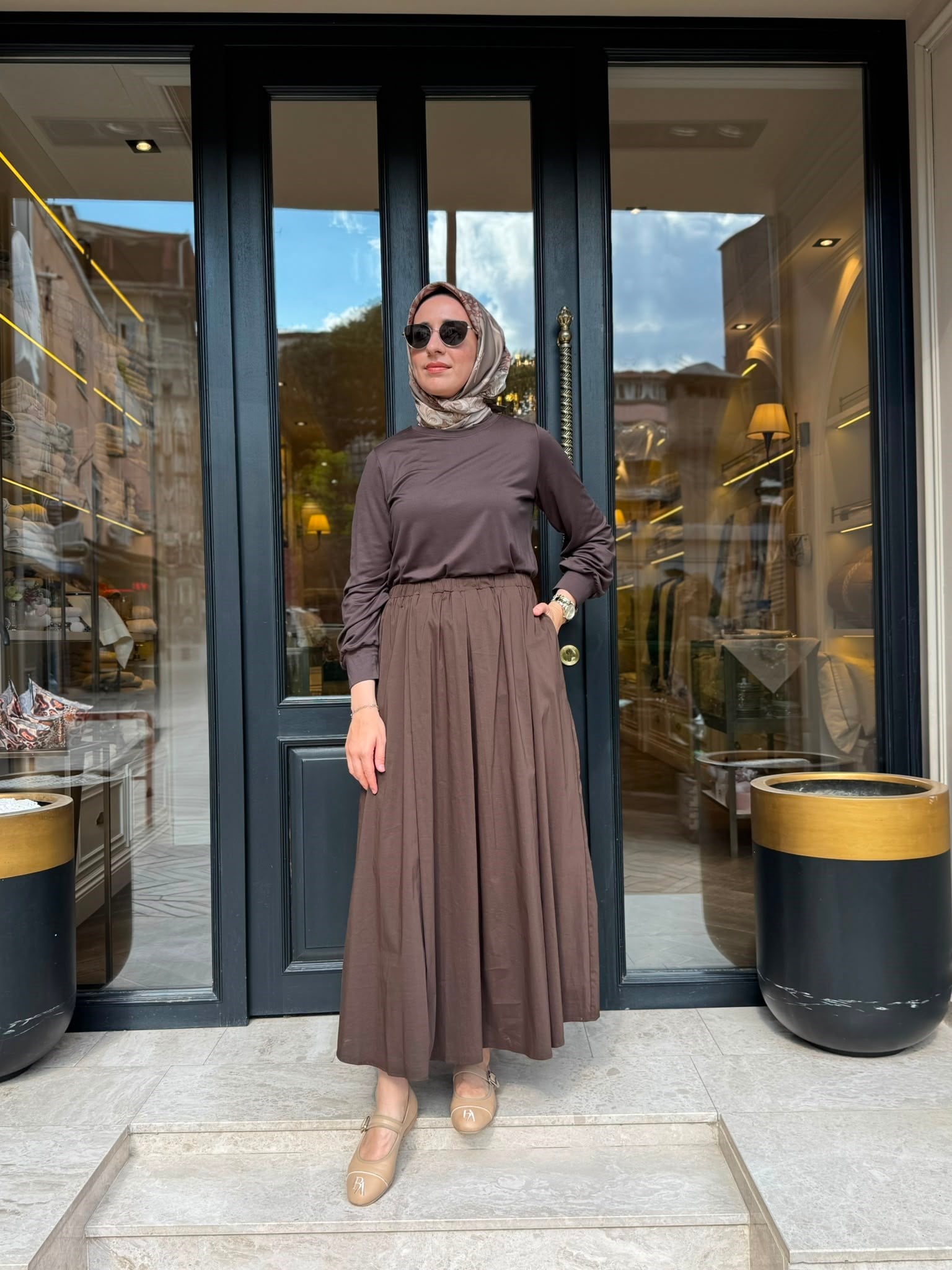 303906 Paraşüt Detay Kadın Elbise Kahve