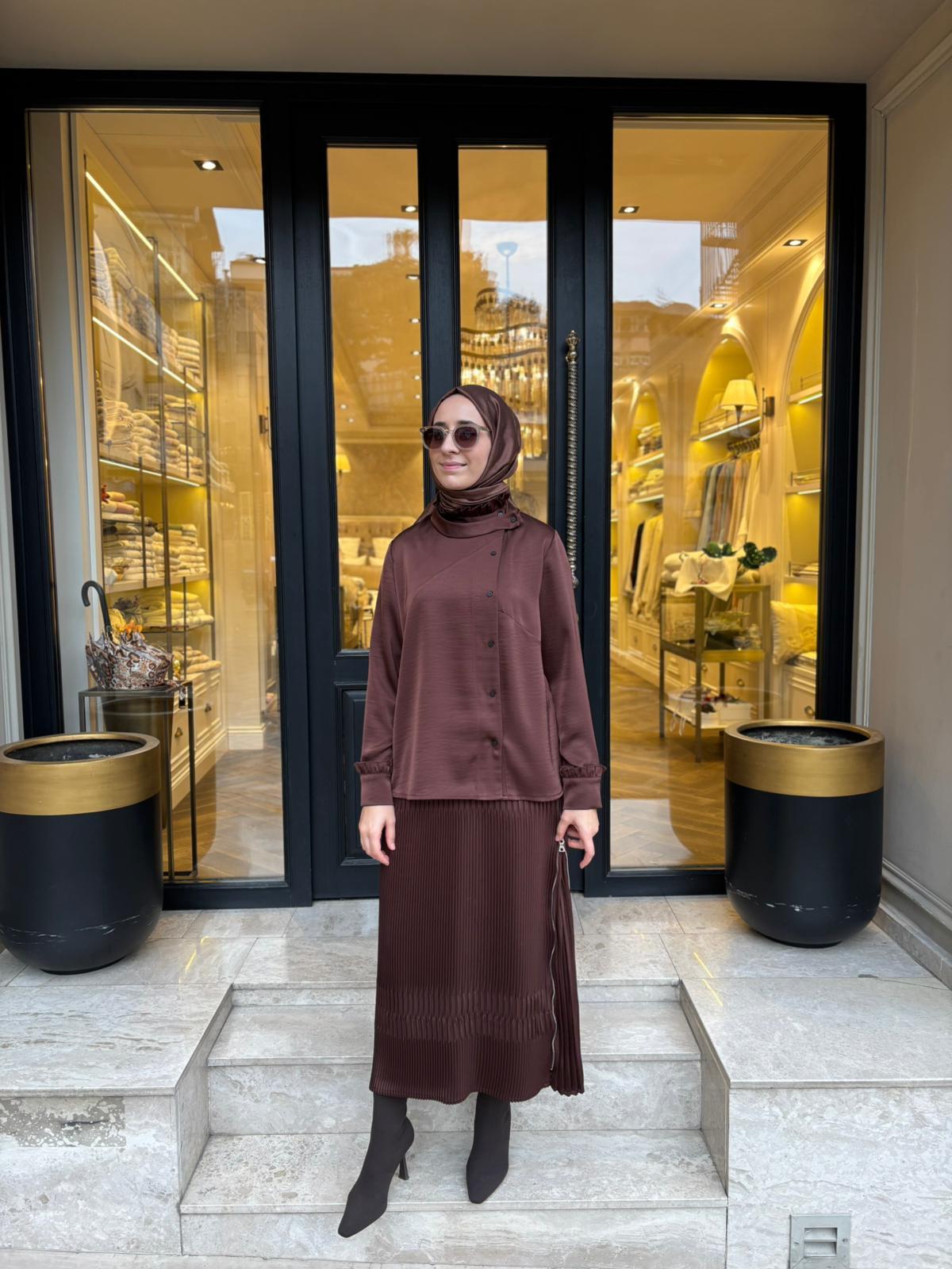 38015 Düğmeli Kadın Takım Kahve