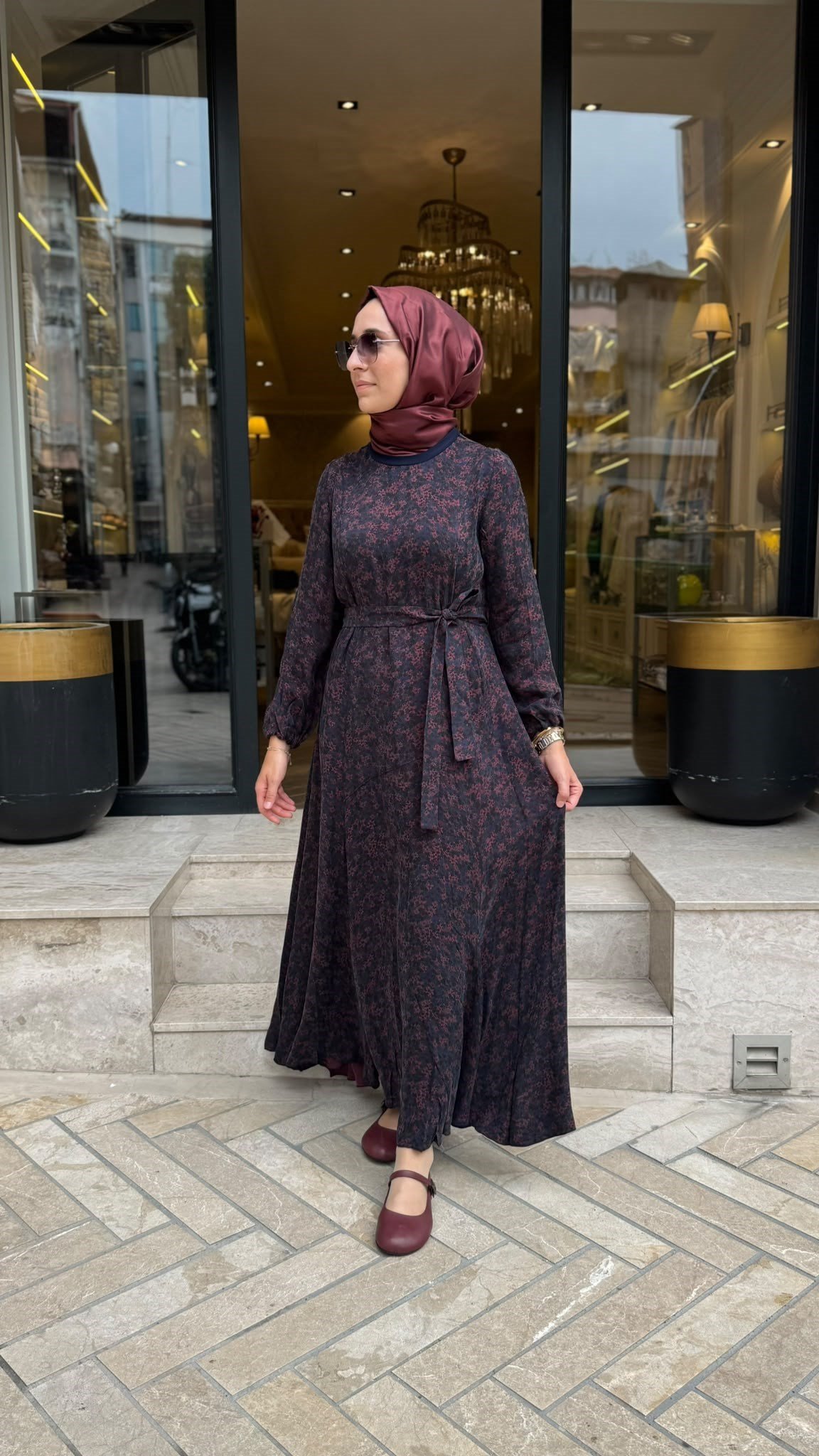 40827 Kuşaklı Kadın Elbise Bordo Desenli