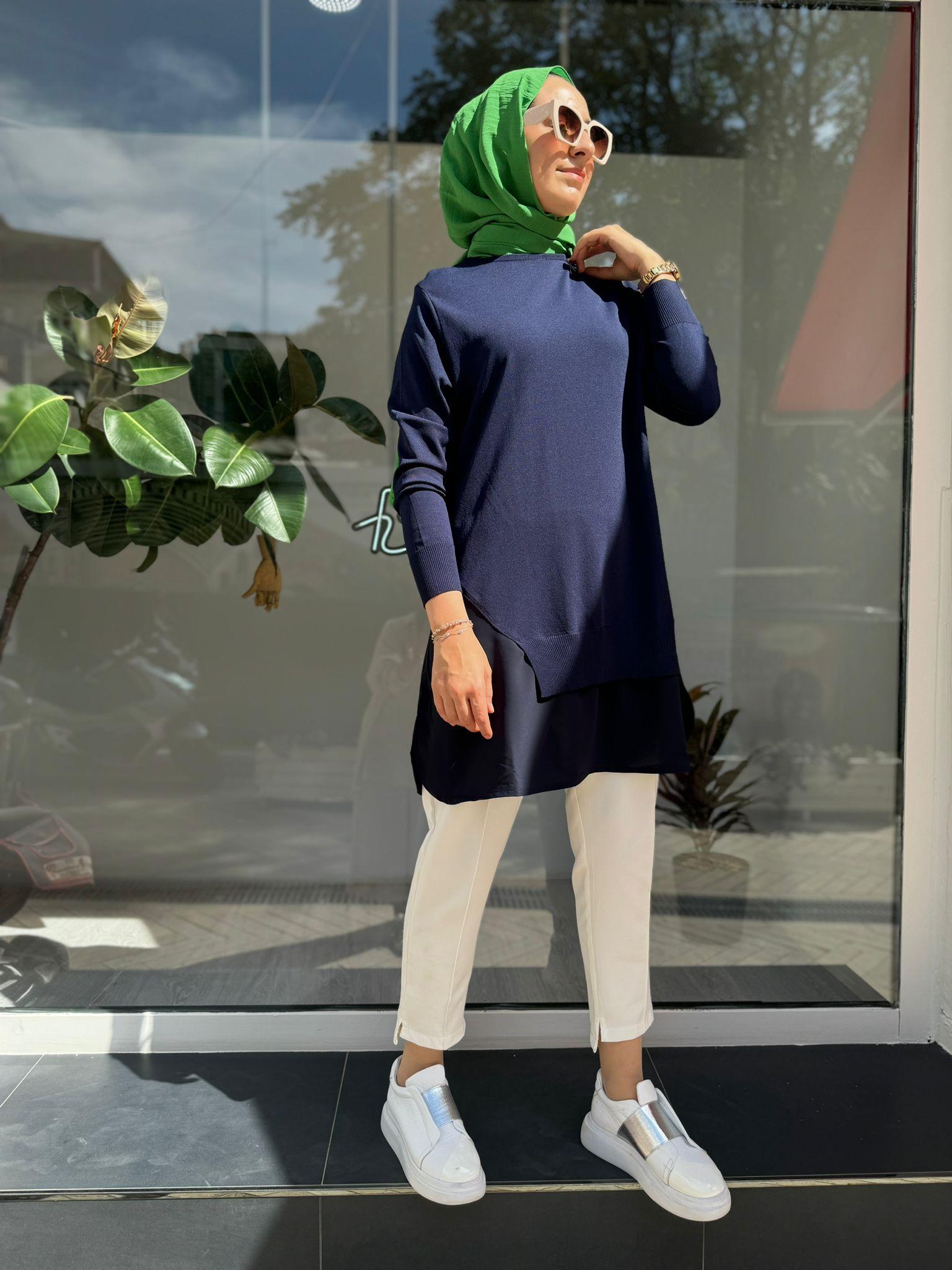 Altı Şifon Kadın Triko Tunik Lacivert