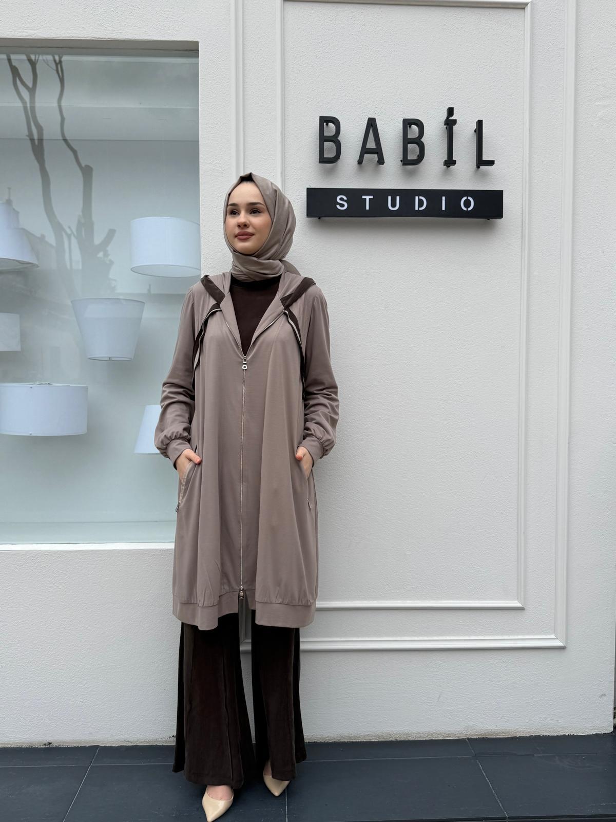 Bambu Kapüşonlu Kadın Kap Vizon