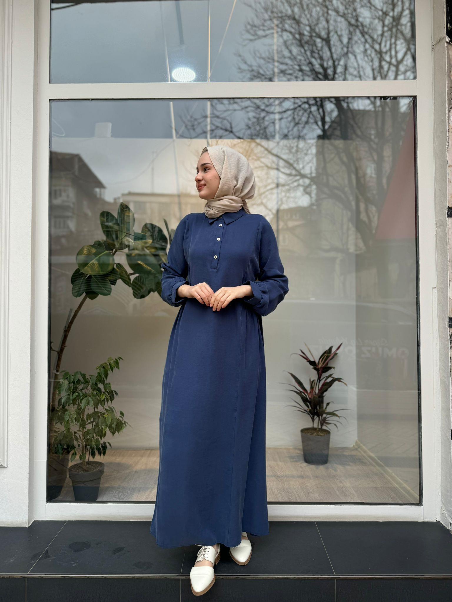 Beli Sıkmalı Kadın Elbise Indigo