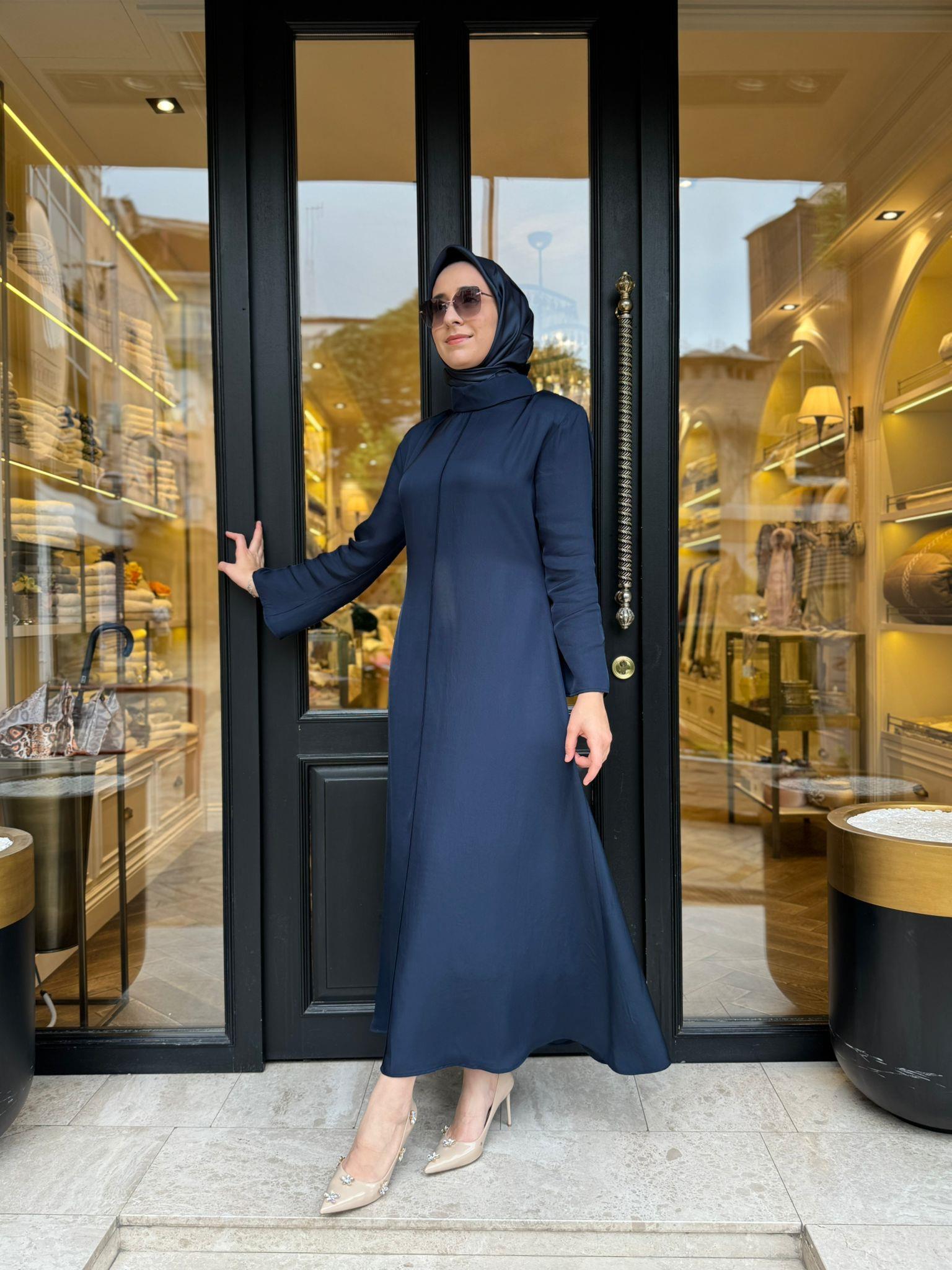 D52 Lima Asetat Korsaj Detay Kadın Elbise Lacivert