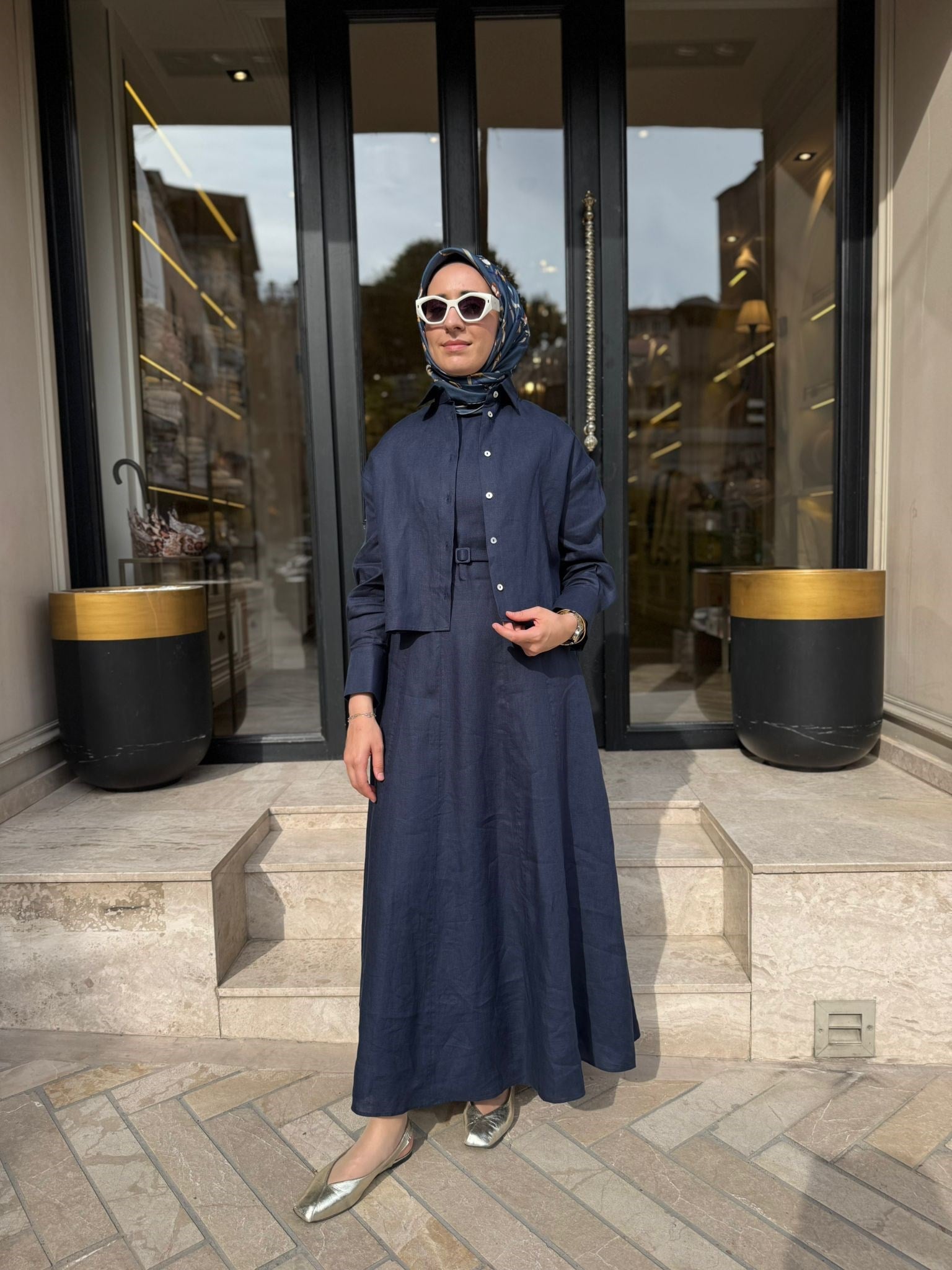D54 Amanda Keten Kolsuz Elbise Gömlek Takım Lacivert