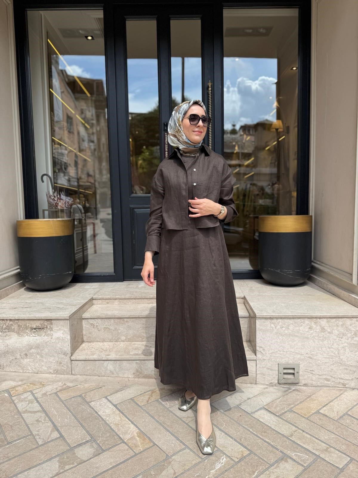 D54 Amanda Keten Kolsuz Elbise Gömlek Takım Kahve
