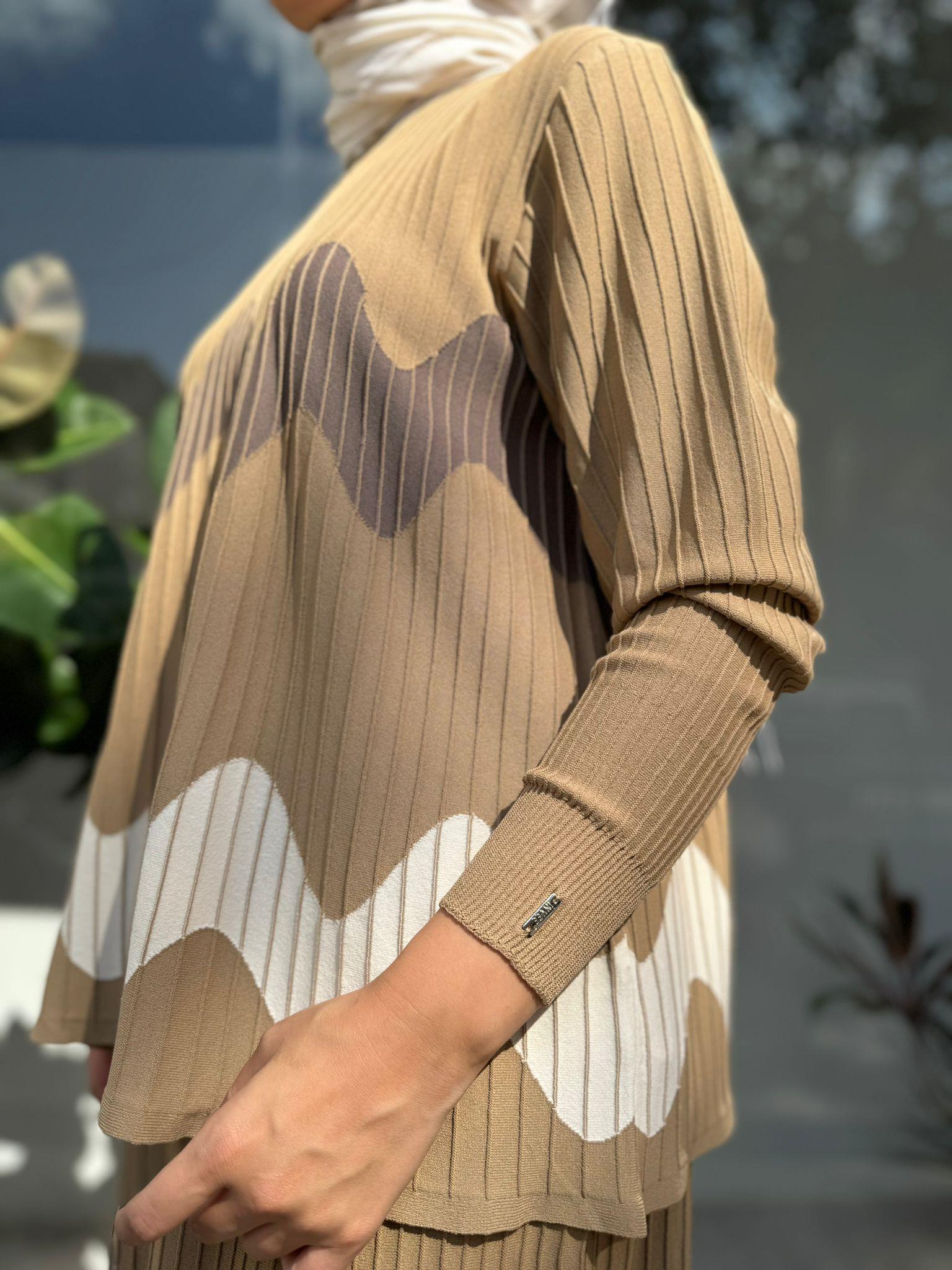 Dalga Desen Fitilli Triko Tunik Camel