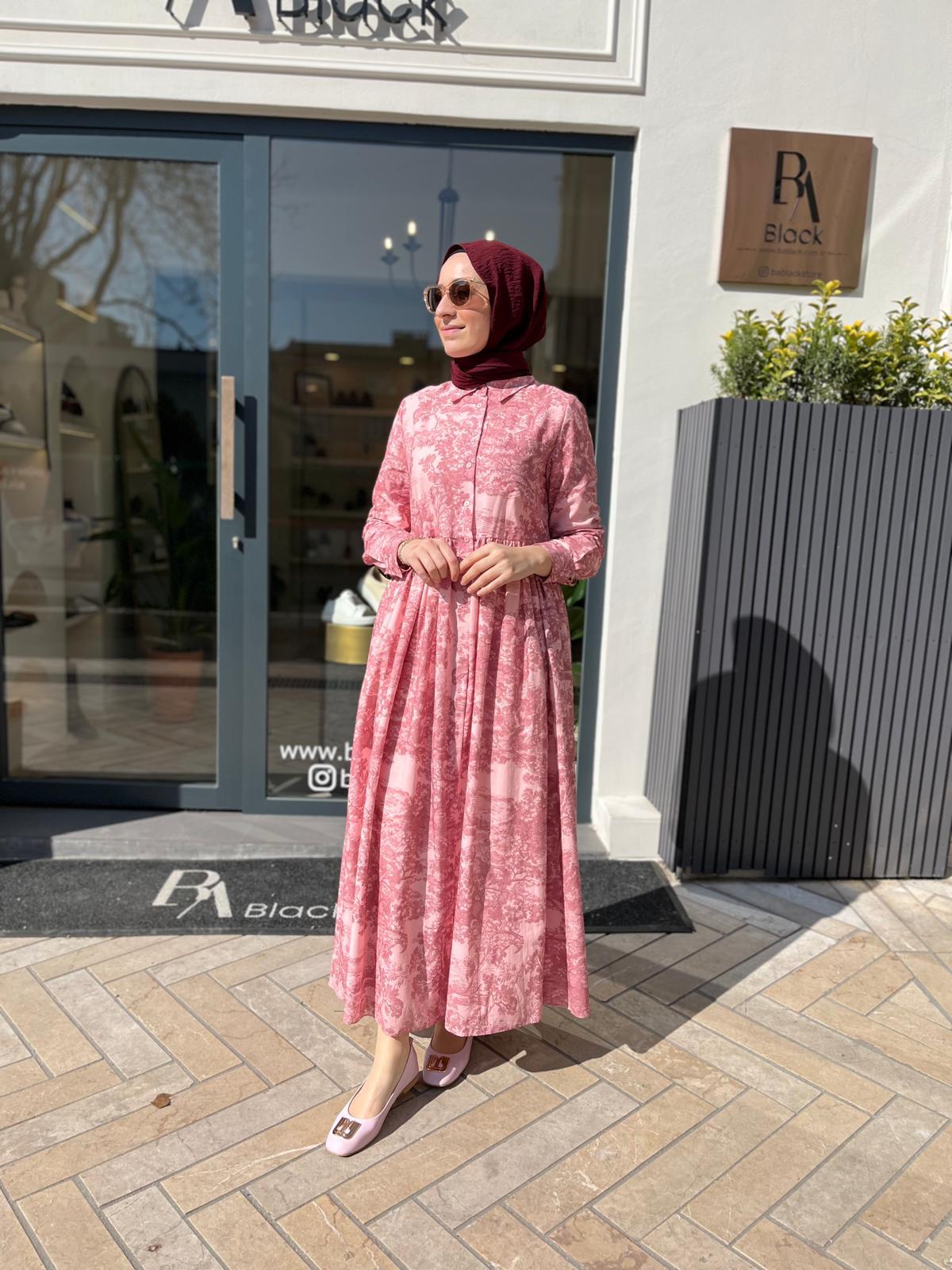 Desenli Vual Kadın Elbise Pembe