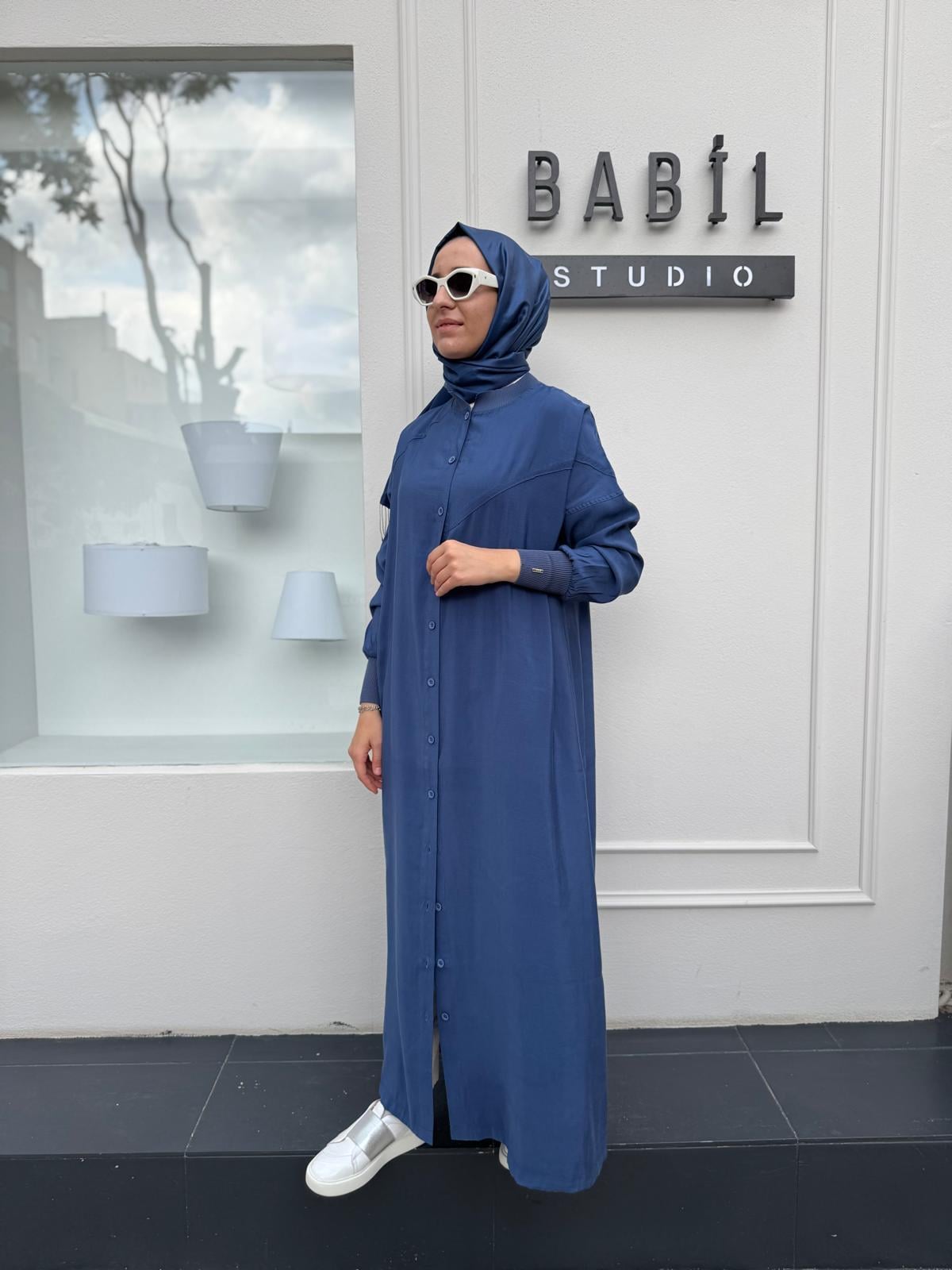 Düğmeli Basic Kadın Kap Indigo