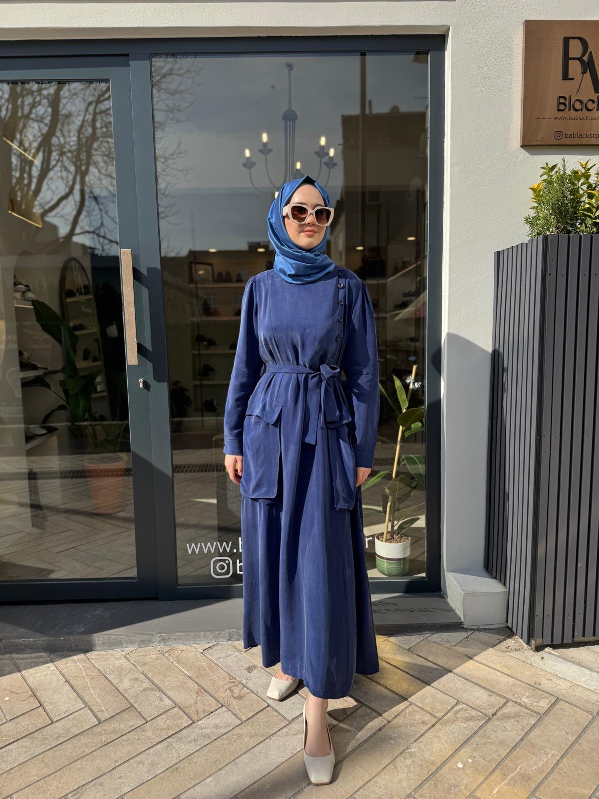 Düğmeli Cepli Kadın Cupro Elbise Indigo
