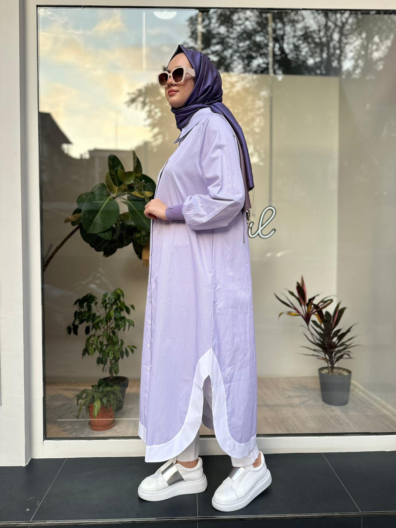 Düğmeli Tam Boy Gömlek Kap Lila