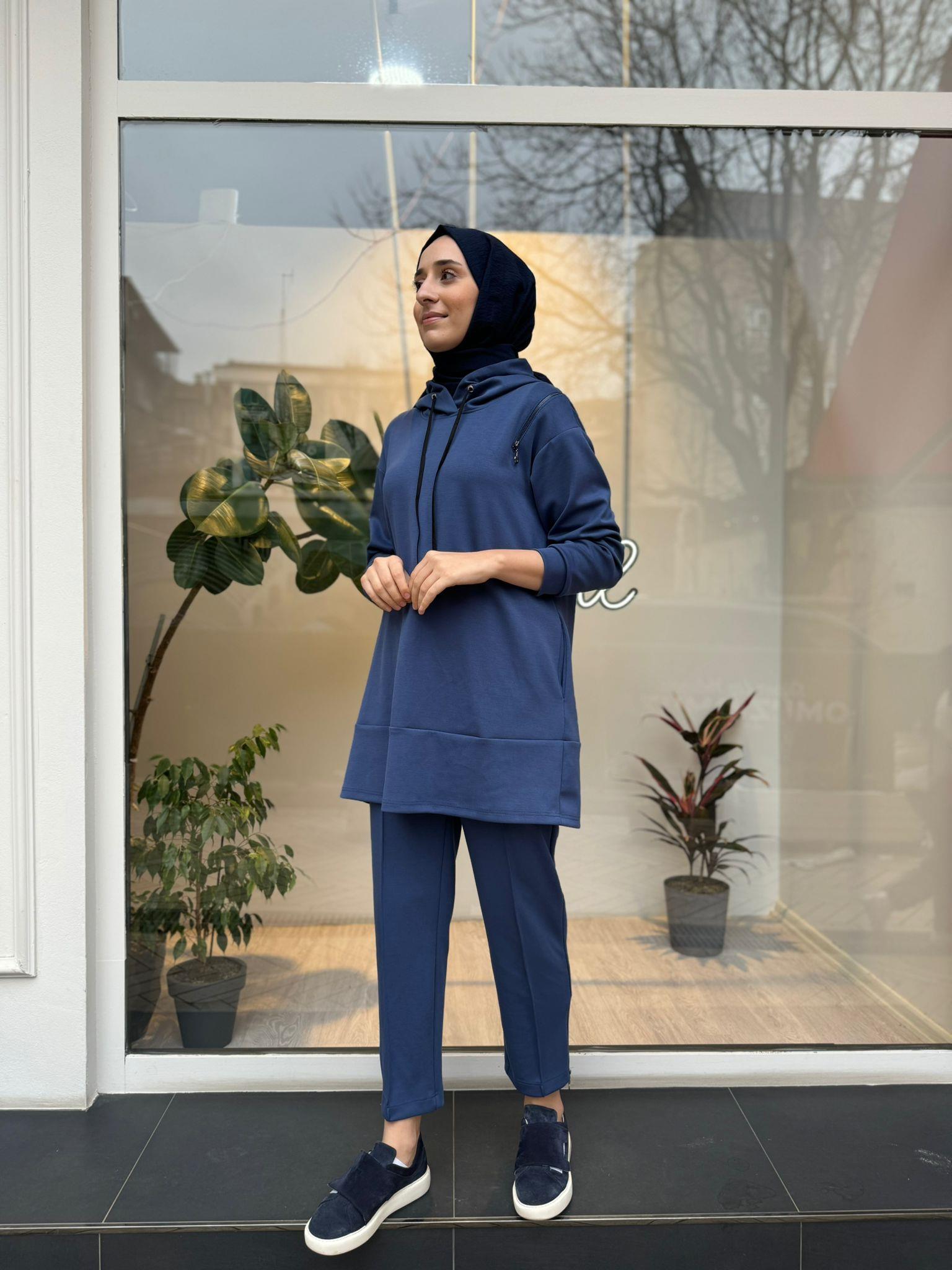 Fermuar Detaylı Basic Kadın Eşofman Takımı Indigo