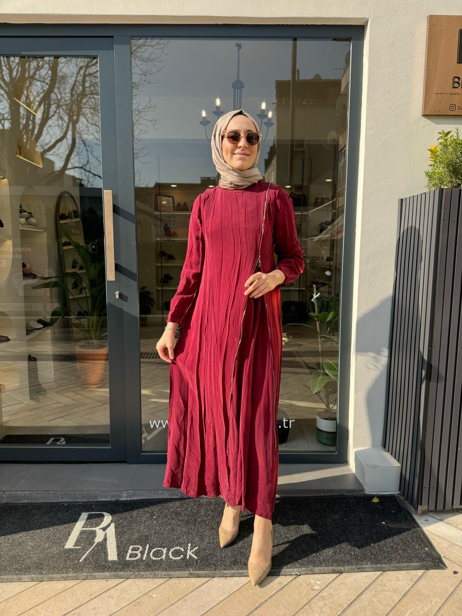 Fermuarlı Detaylı Kadın Elbise Bordo