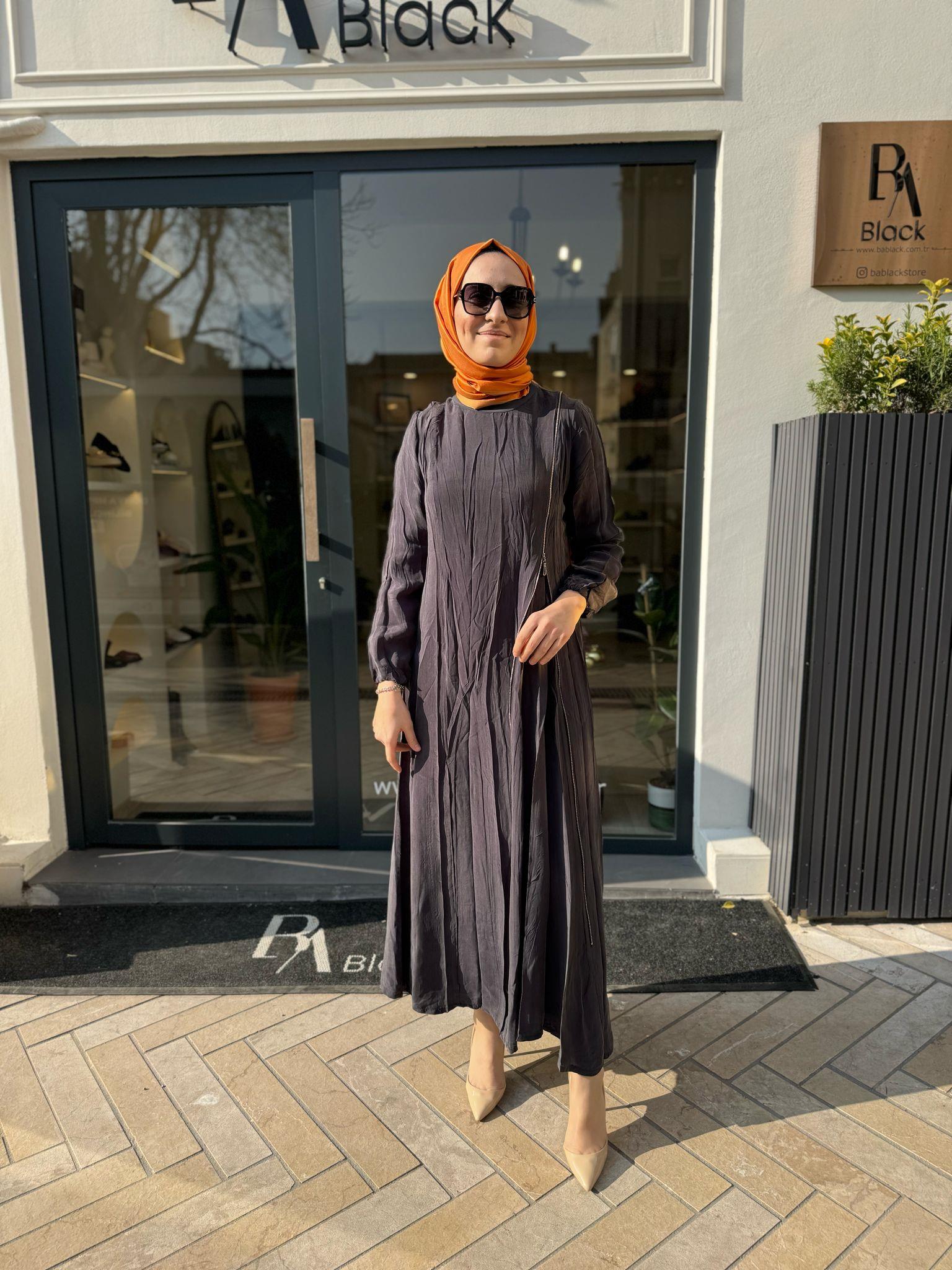 Fermuarlı Detaylı Kadın Elbise Gri