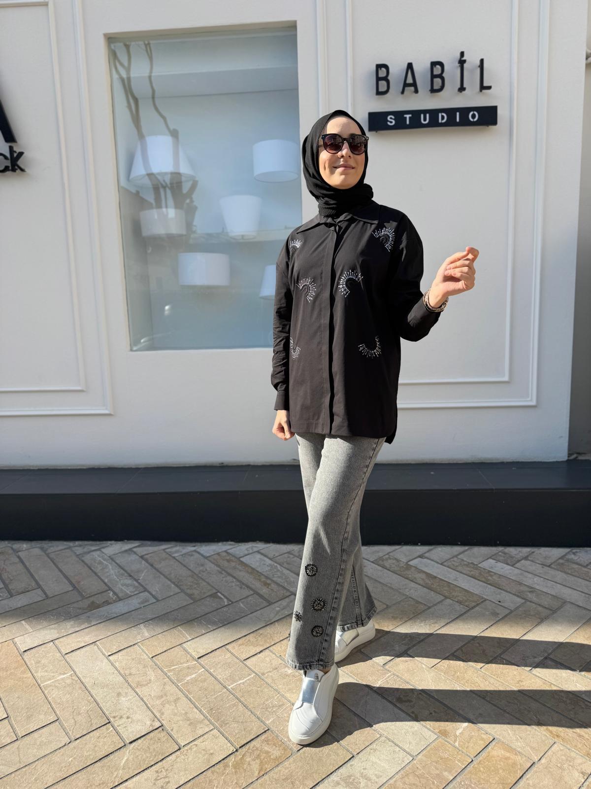 İşleme Detaylı Poplin Kadın Gömlek Siyah