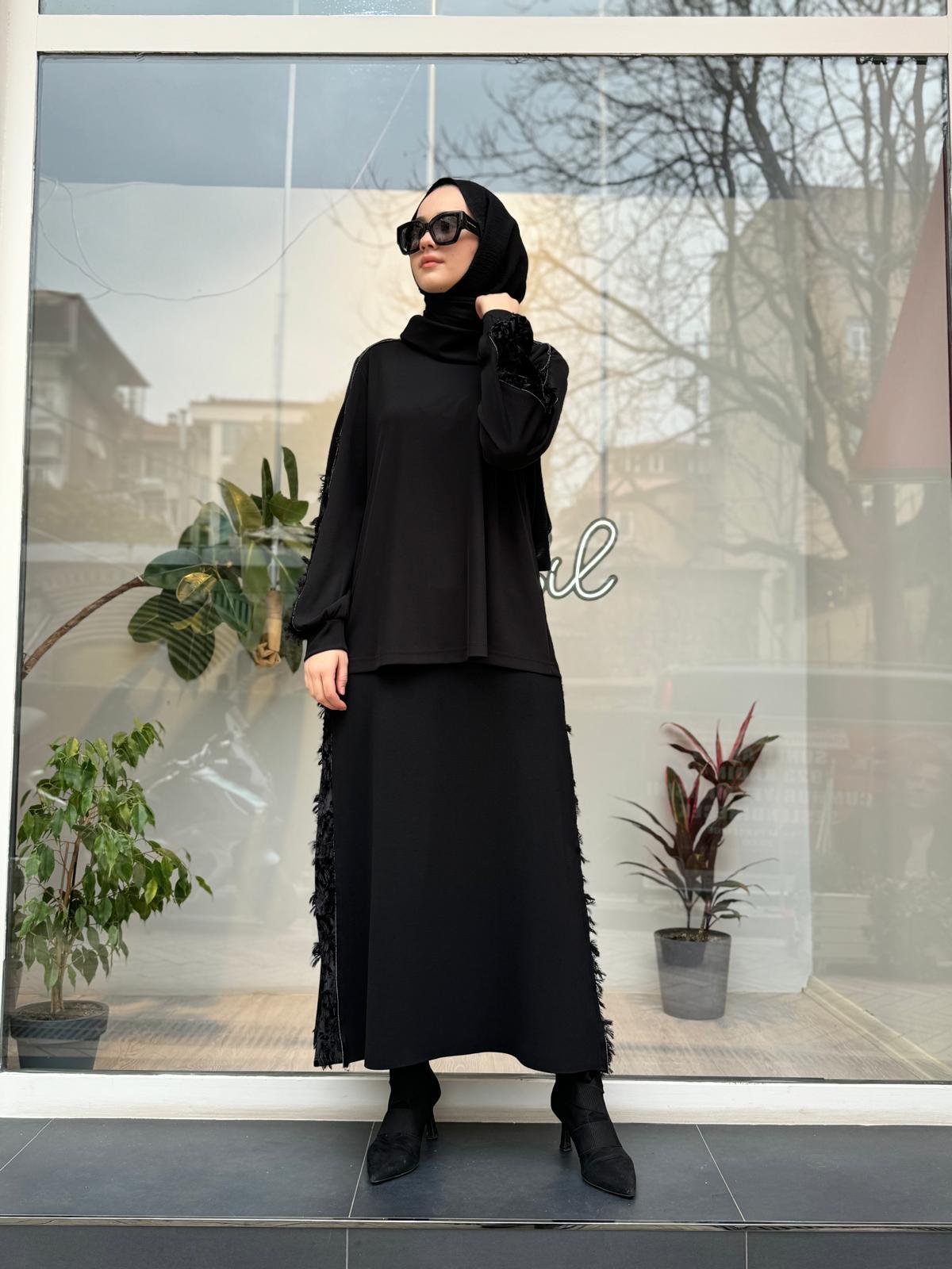 Kadife Detaylı Taş Geçişli Kadın Takım Siyah