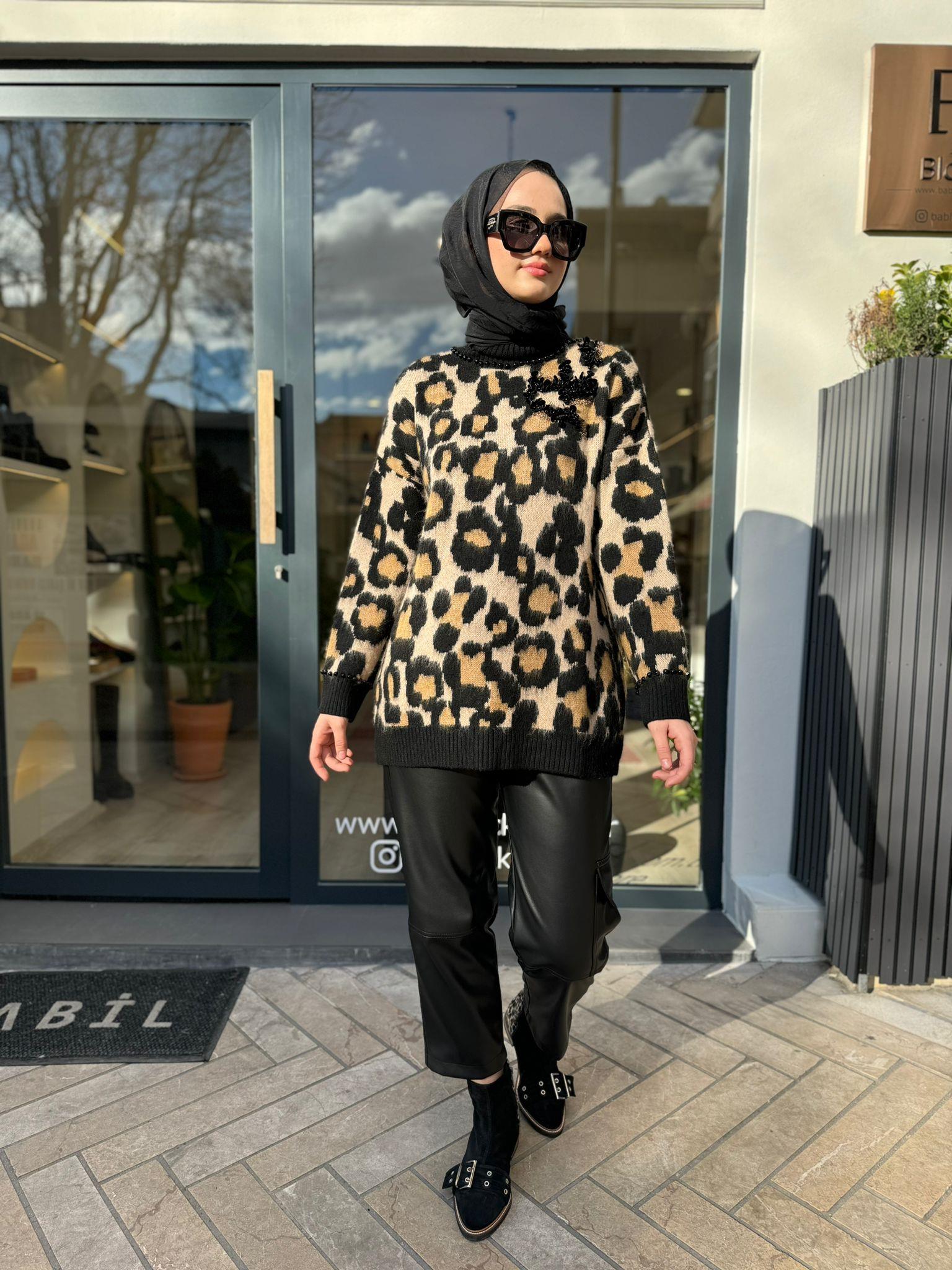 Leopar Desenli Wella Kadın Kazak Leopar