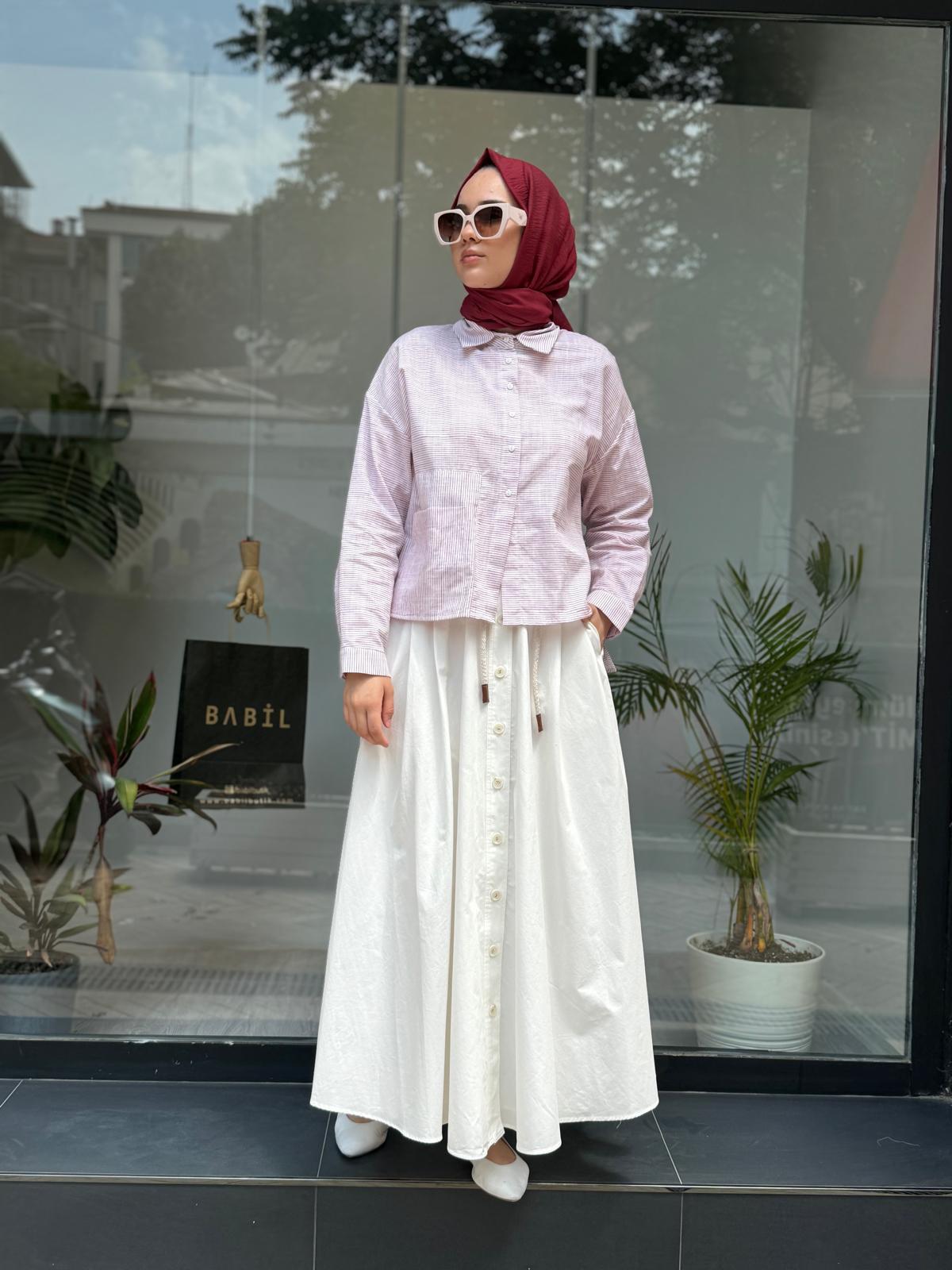 Linen Çizgi Desen Keten Gömlek Ekru