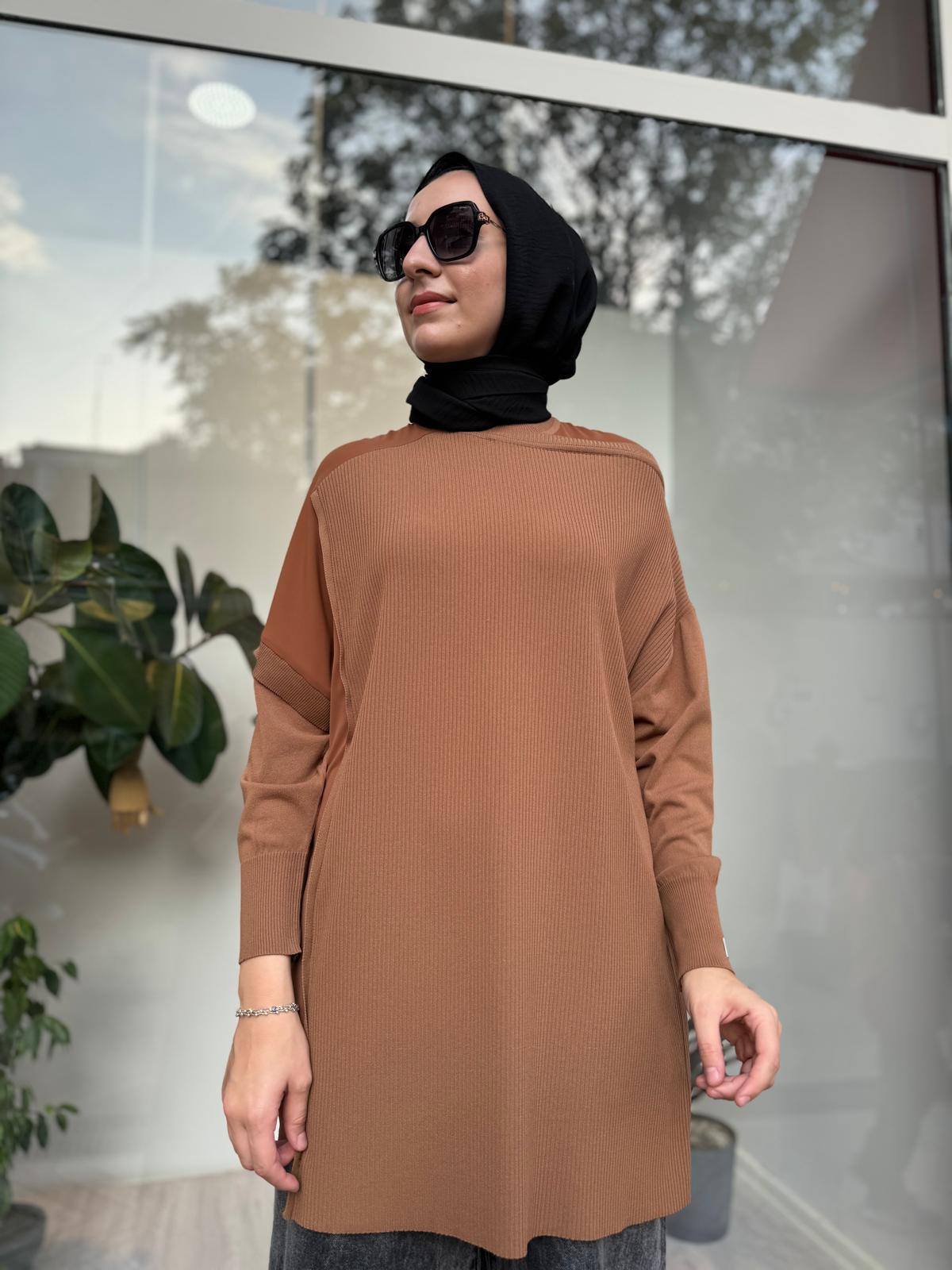 Omzu Şifon Kadın Triko Tunik Toprak