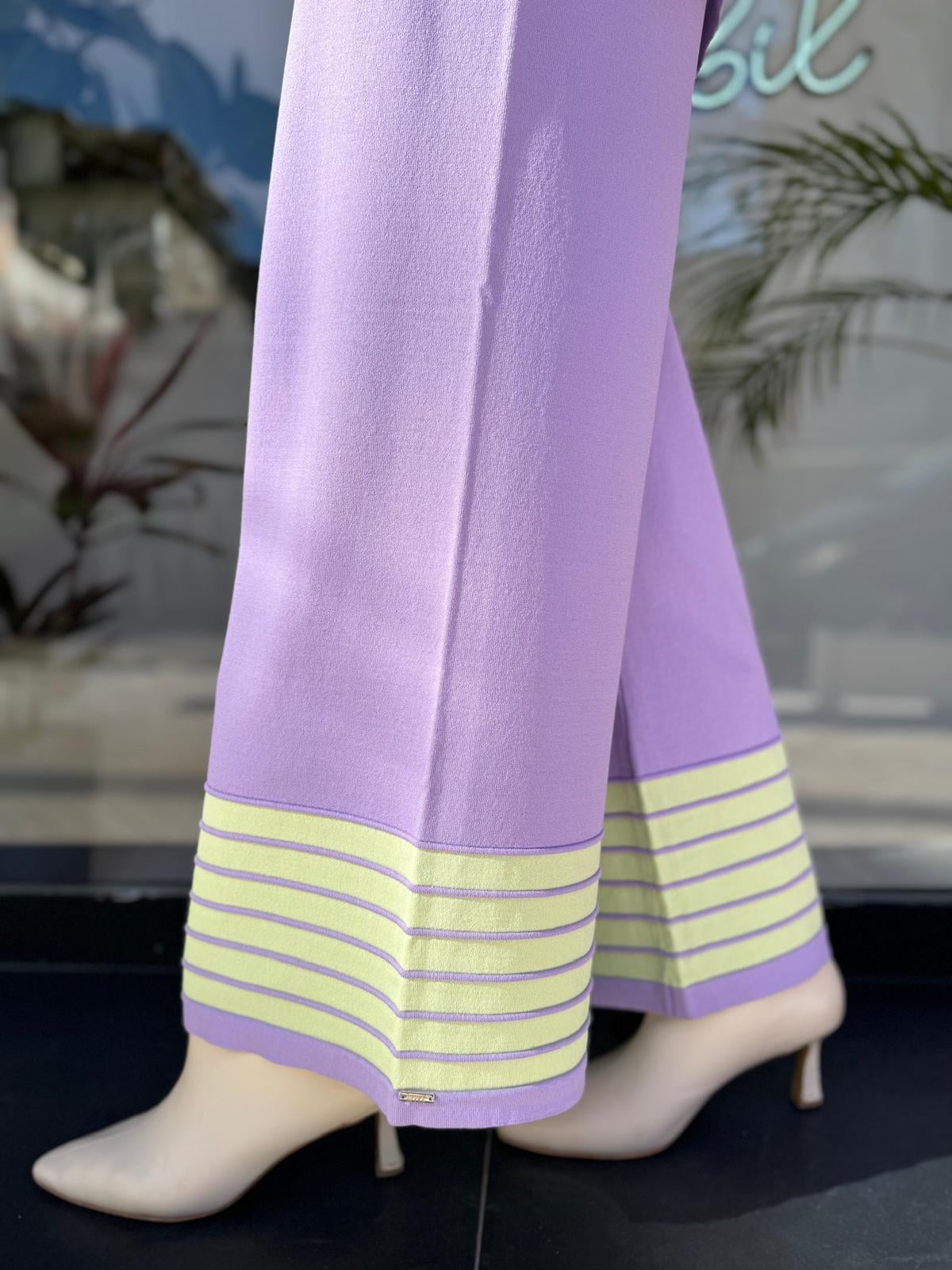 Paça Çizgili Triko Pantolon Lila