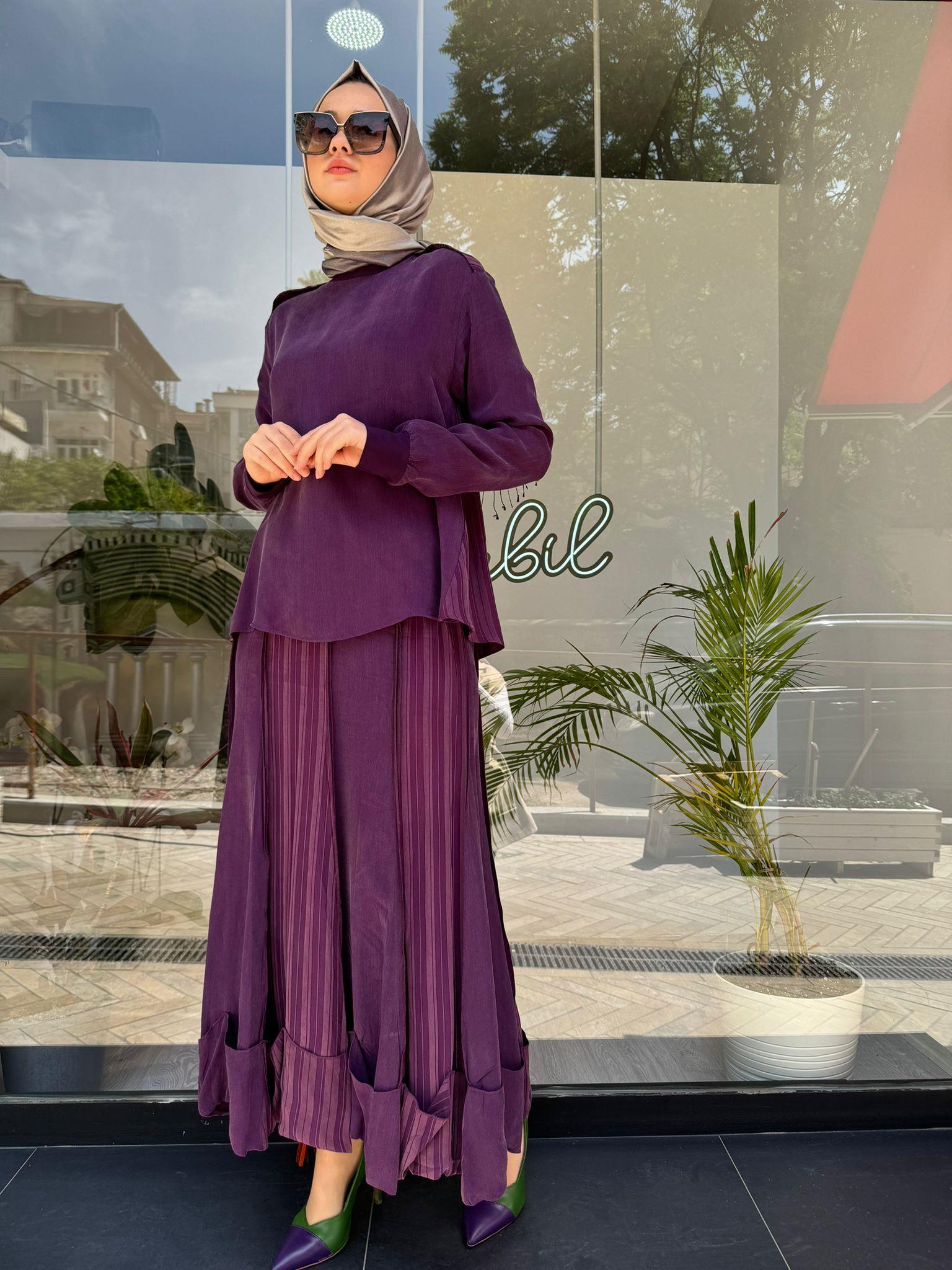 Sırt Çizgili Basic İpek Kadın Bluz Mürdüm