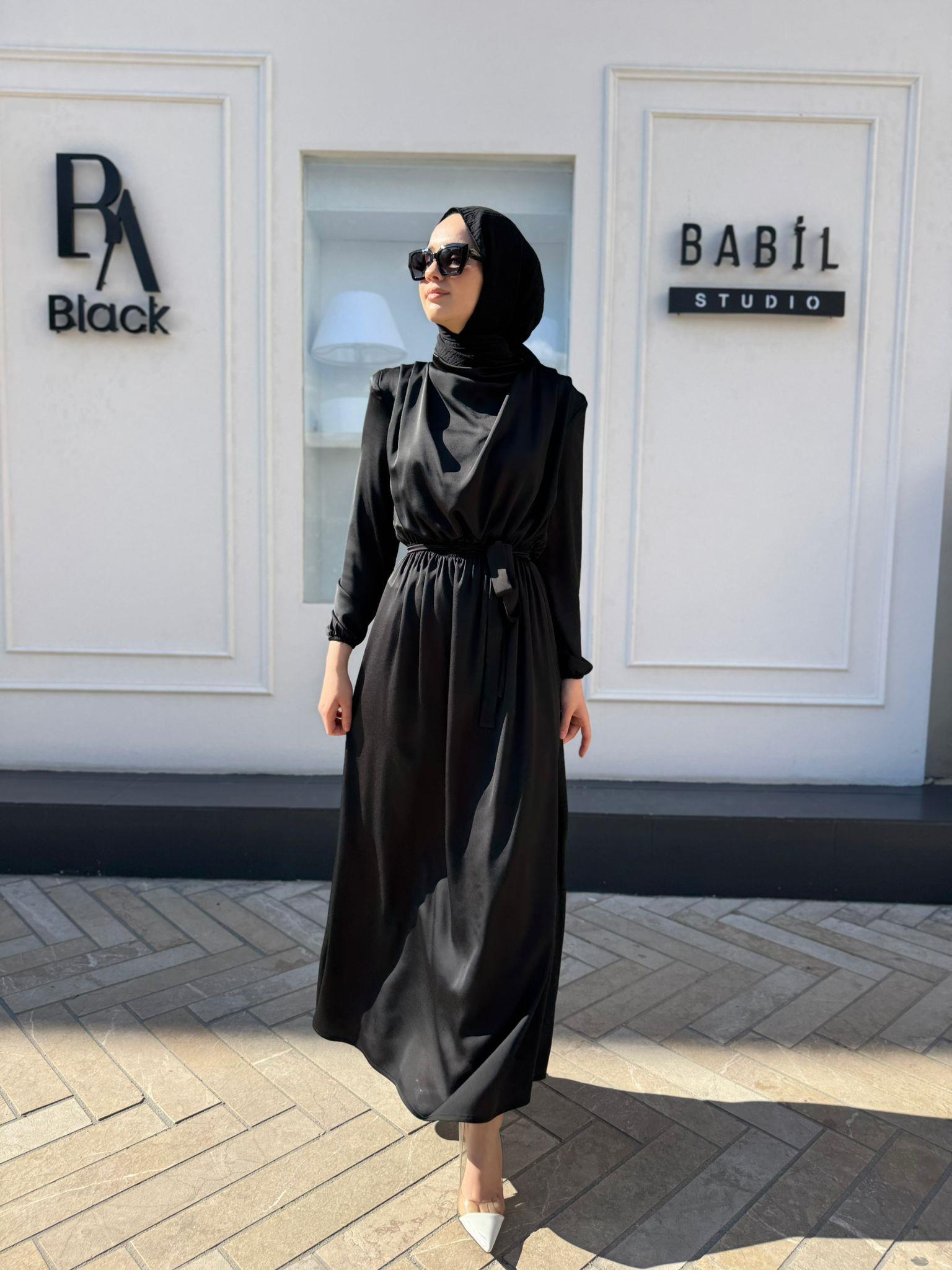 TD2600 Omuz Detaylı Porte Saten Elbise Siyah