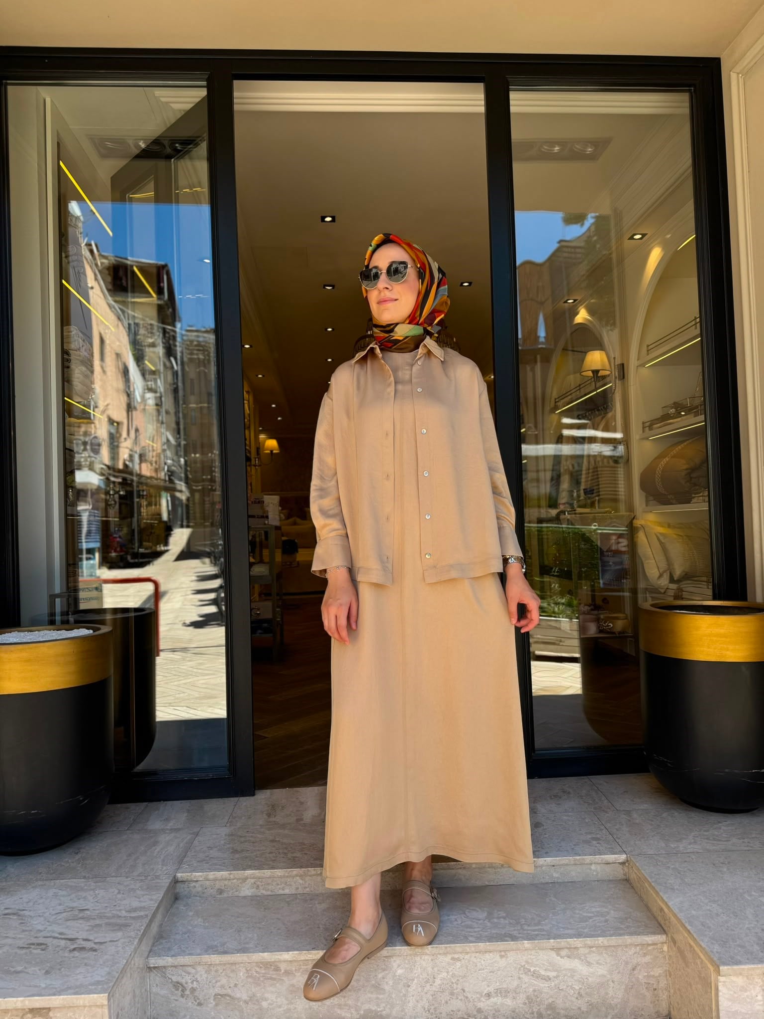 TD26Y05000112 Praty Asetat Kolsuz Kadın Elbise Gömlek Camel