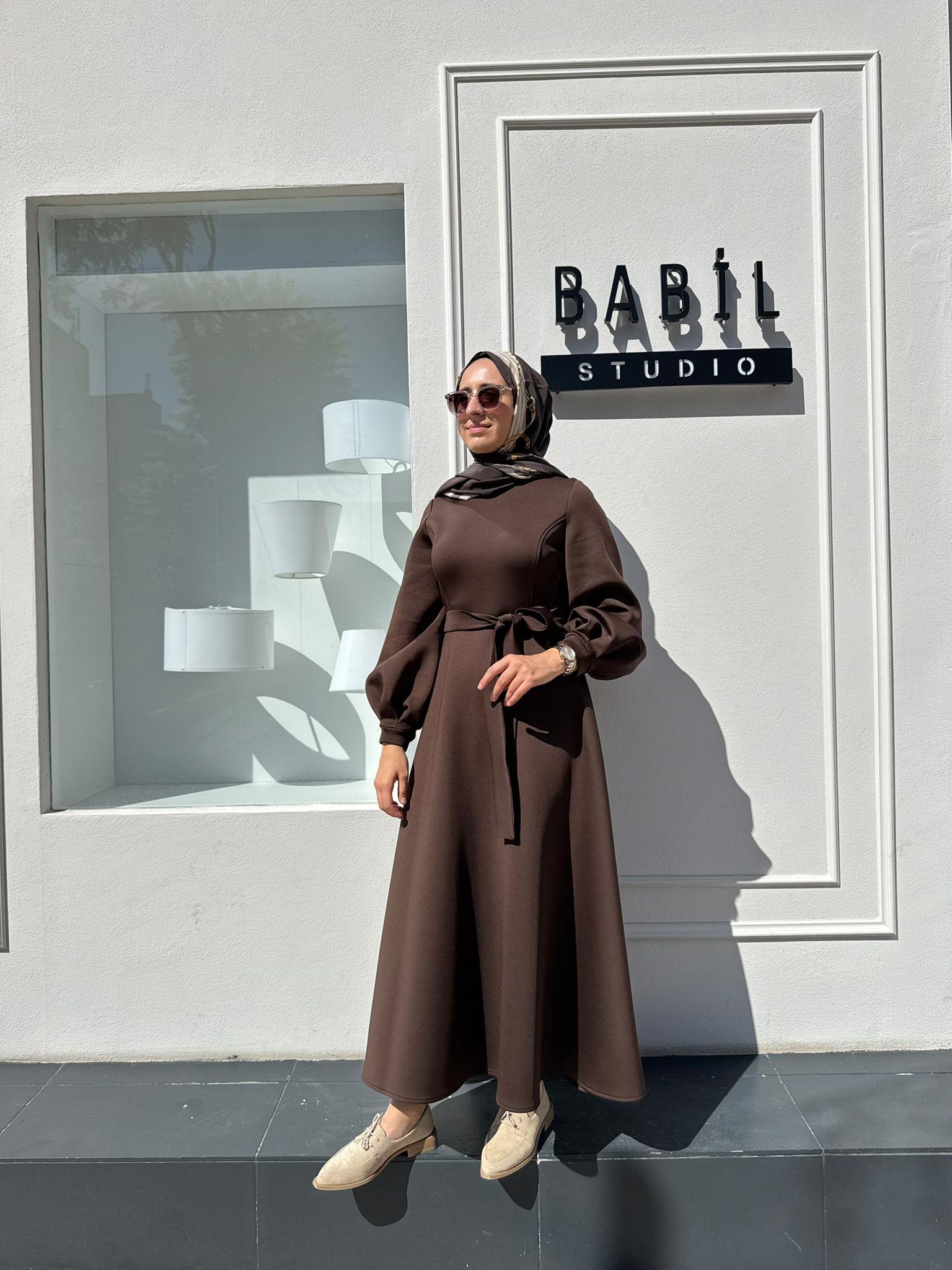 TD3428 Carol Puf Kadın Elbise Acı Kahve