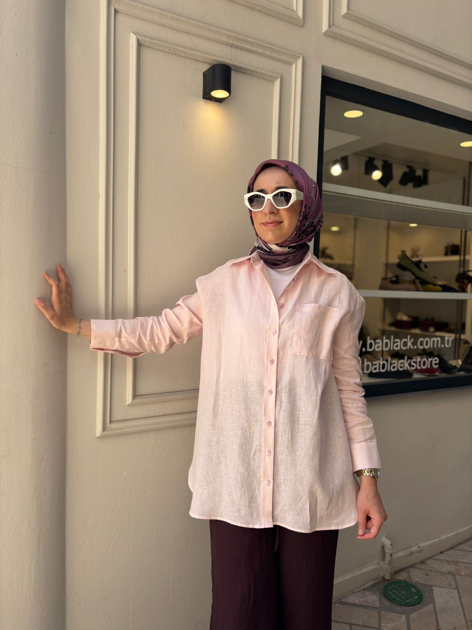 TD3652 Keten Basic Kadın Gömlek Pudra Pembe