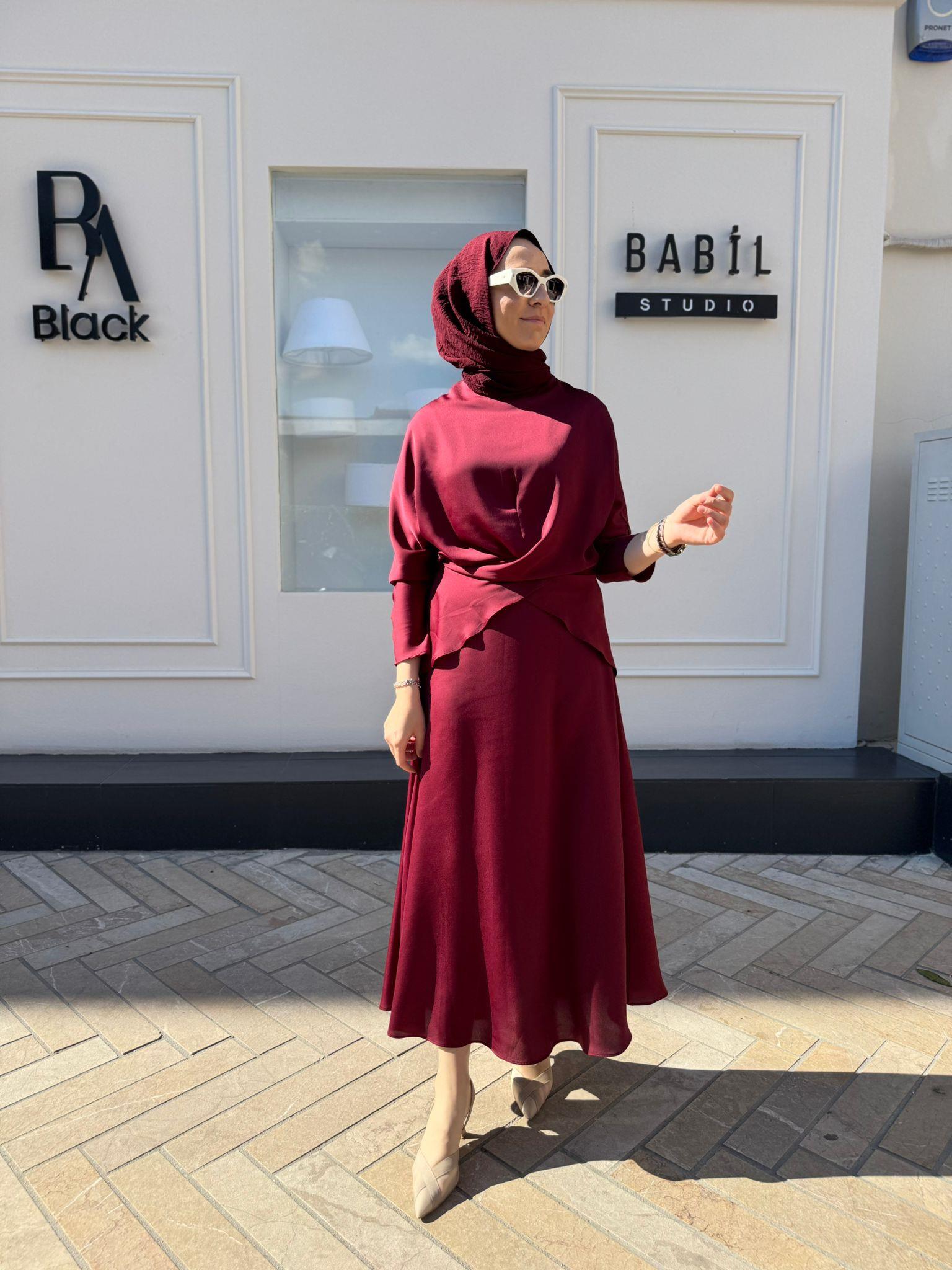 TD4017 Saten Bağlamalı Etekli Kadın Takım Bordo