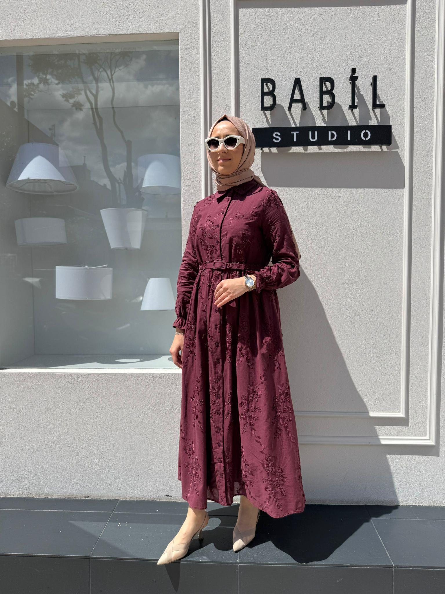 TD4175 Aplik Detaylı Brode Kadın Elbise Bordo