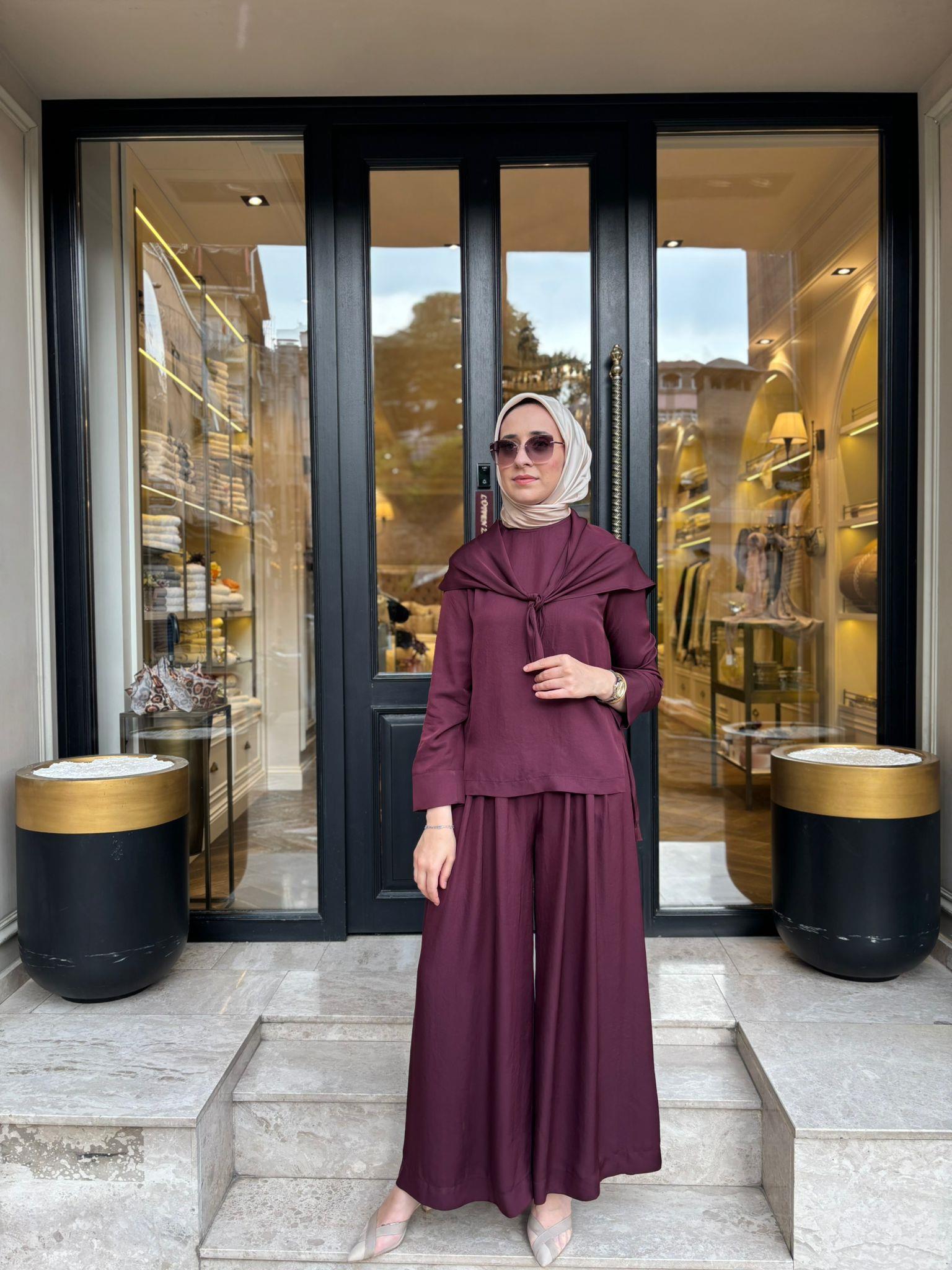 TD4418 Evan Asetat Pantolonlu Takım Bordo