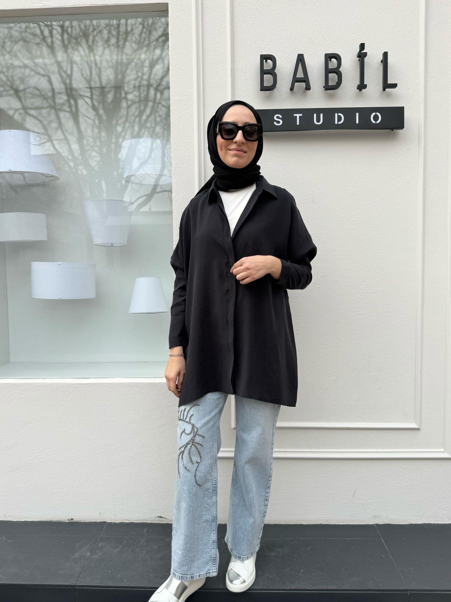 Yarasa Kol Kadın Basic Gömlek Siyah