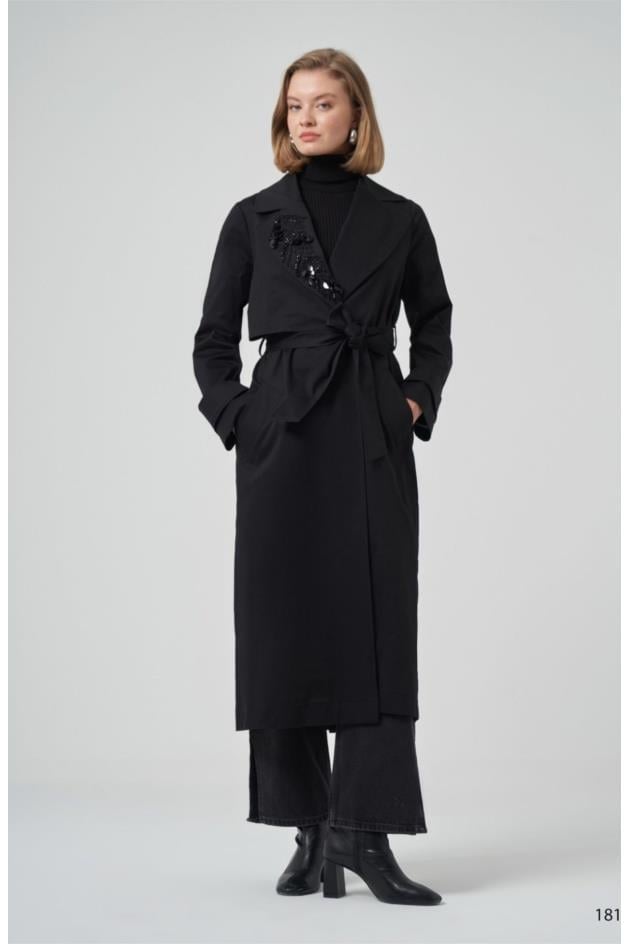  Yakası Taş Detay Trenç-Siyah