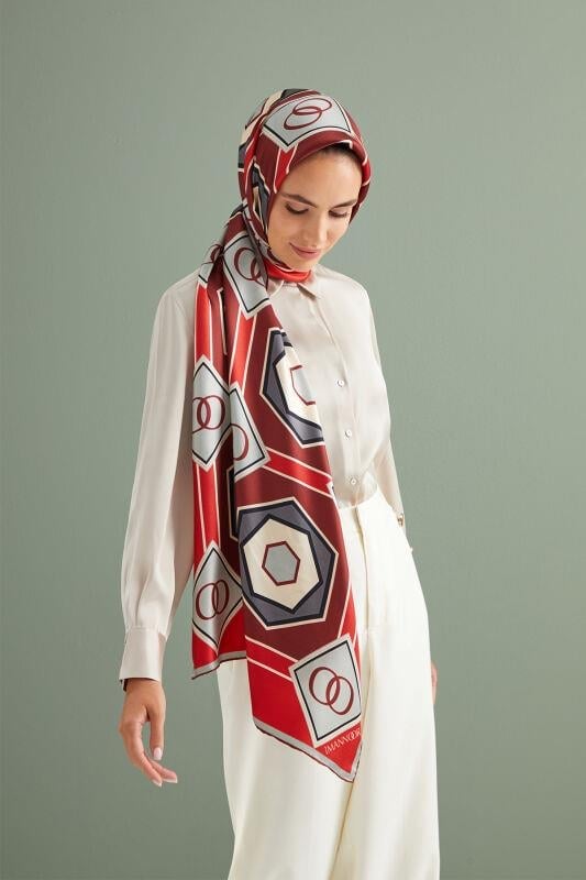 Altıgen Noor Kırmızı Tivil İpek Şal 70x204