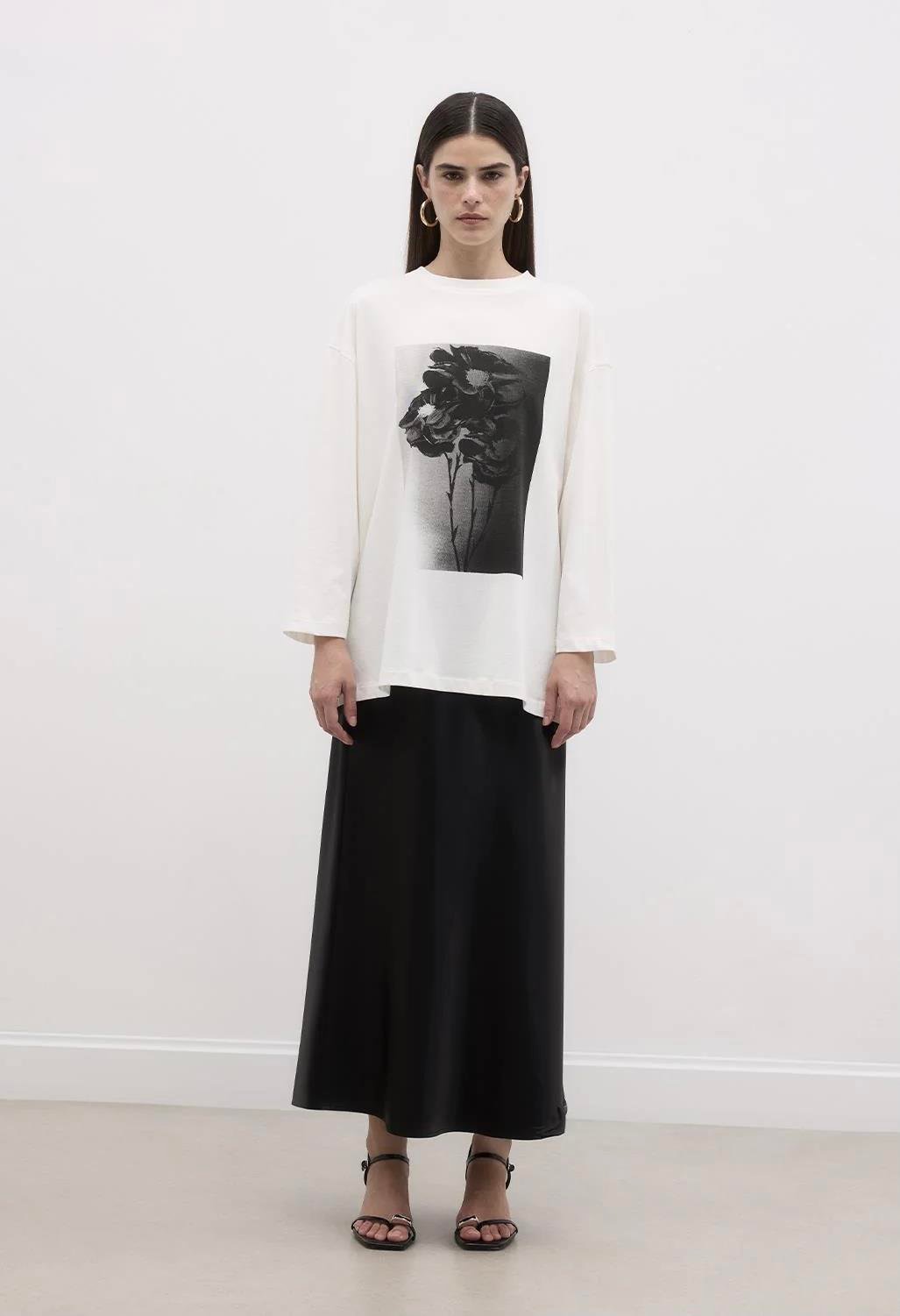 Baskılı Flower Basic Pamuk Örme Bluz Ekru